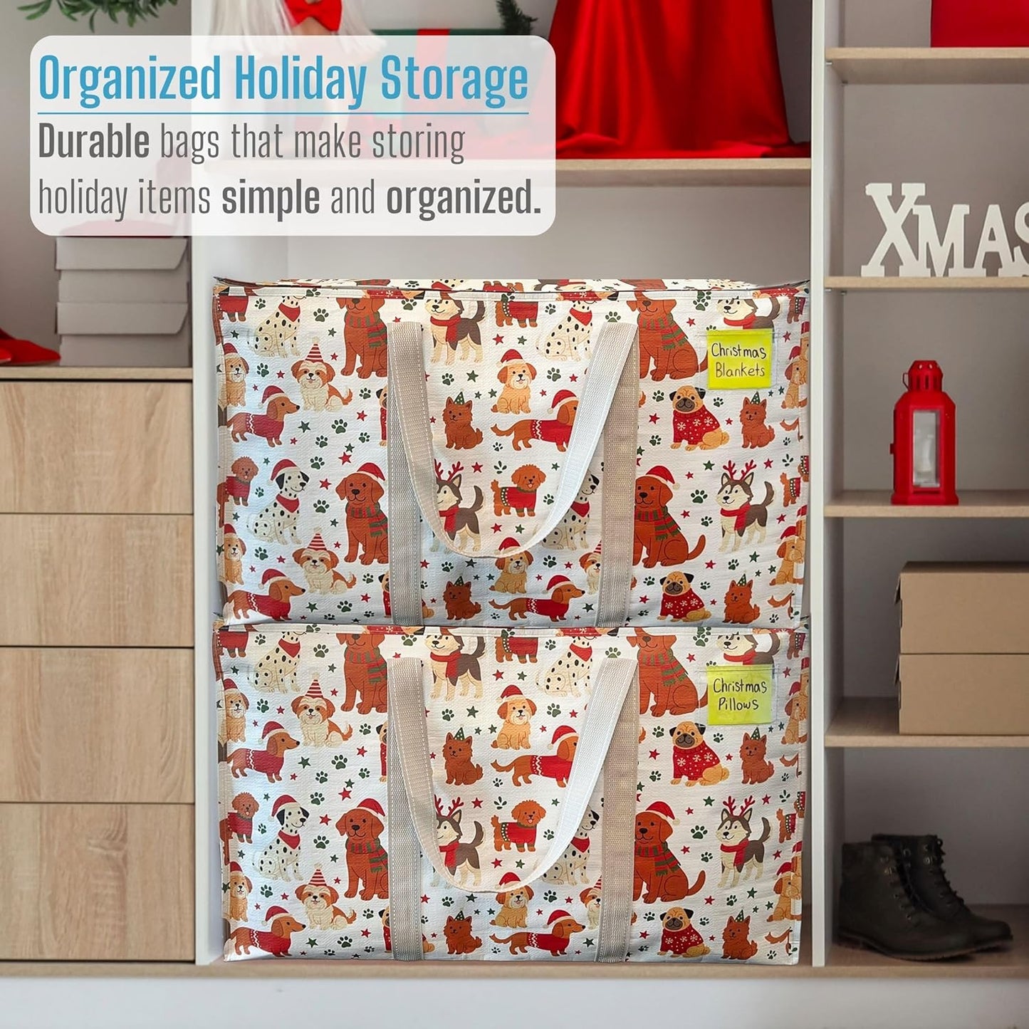 VENO 6 Pack Moving Bags and Large Christmas Storage Bins with lids. Alternative to Moving Boxes, Packing Supplies for College. Extra Large Heavy Duty Totes for Packaging (Holiday Pups, 6 Pack)