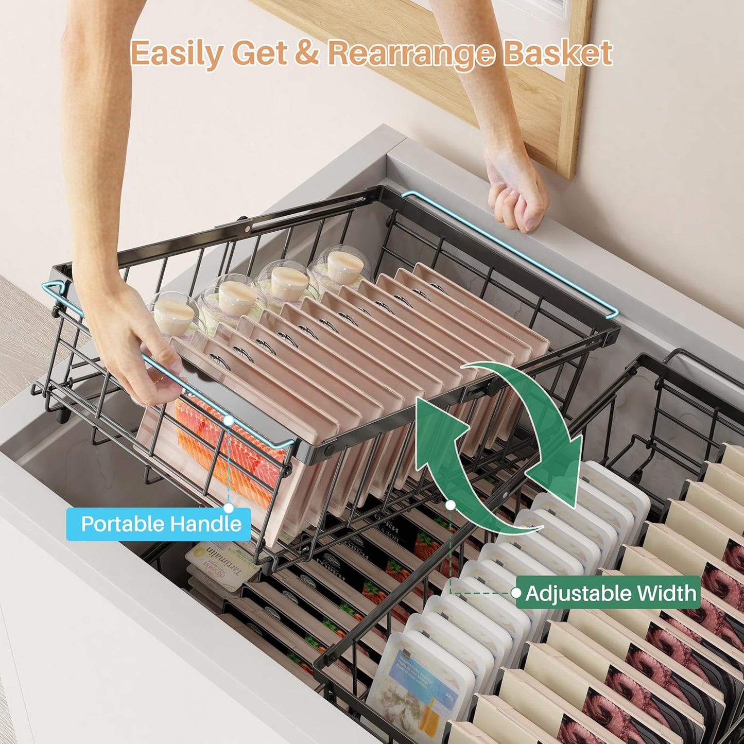 UMDONX Freezer Organizer Bins – Expandable from 11.2" to 17.7", Fit 5–10 Cu.Ft Chest Freezer, Hanging Storage Baskets for Deep Freezer, Easy Slide Access, 1 Pack (Black)