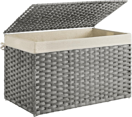 SONGMICS Storage Basket with Lid, Woven Blanket Storage Bin with Handles, Foldable, Removable Liner, Metal Frame, for Bedroom, Laundry Room, 42.3 Gallons (160 L), Gray URST76WG