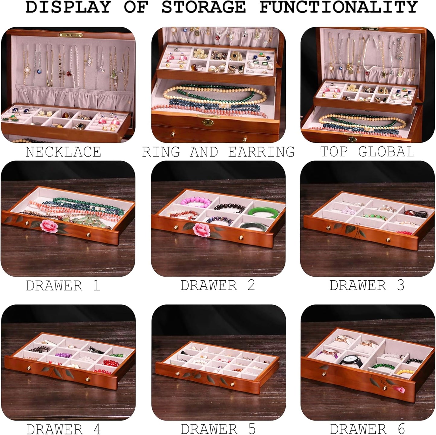 Hand-Painted Wooden Jewelry boxes for women,large jewlrey box&organizers for necklace hanger,jewerly organizer,9-layer large capacity jewelry storage box,jewelry cabinet