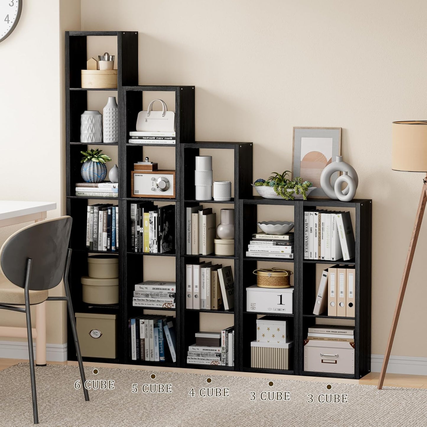 Tall Cube Storage Organizer Bookcase, 5 Tier 11 inch Open Back Cubical Shelf with Thickened Border, Display Bookshelf for Living Room, Home Office, Sturdy Room (Black, 5 Cube,Vertical)