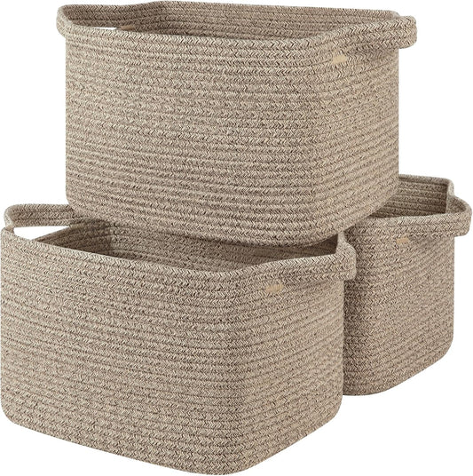Storage Basket for Organizing, Woven Baskets for Storage, Rectangle Decorative Baskets for Shleves, Closet, Toys, Books, Nursery Organizer Bins - Pack of 3 (Brown, 13"x9.85"x8.7")