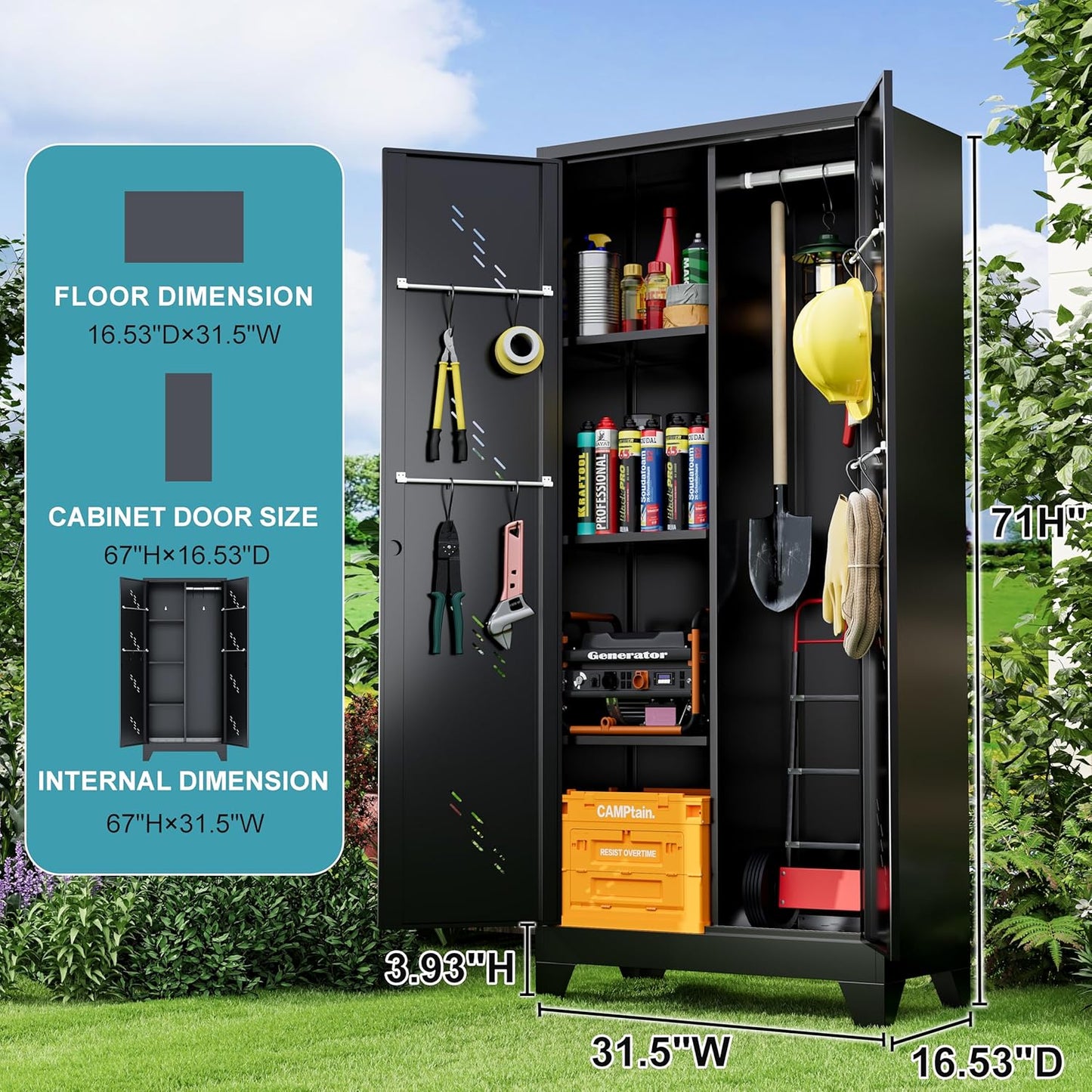 71" Metal Tools Storage Cabinet with Doors and Shelves, Outdoor Storage Sheds with Lock, Black Cleaning Supplies Organization Cabinet with Hanging Rod for Garage, Outdoor,