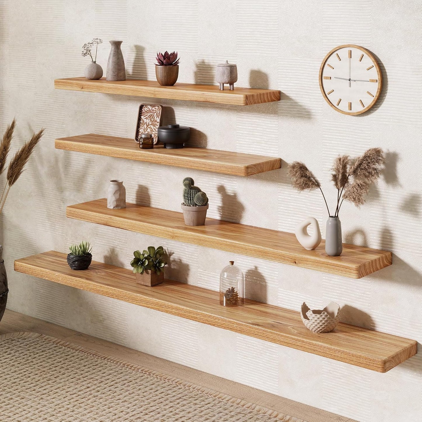 Floating Shelves 40"W x 8"D, Solid Elm Wood Shelves for Wall, 8 Inch Deep Floating Shelves for Home Storage & Display, Rustic Wooden Bathroom Shelves 40 Inch Long, Set of 2, Heavy-Duty Bookshelf
