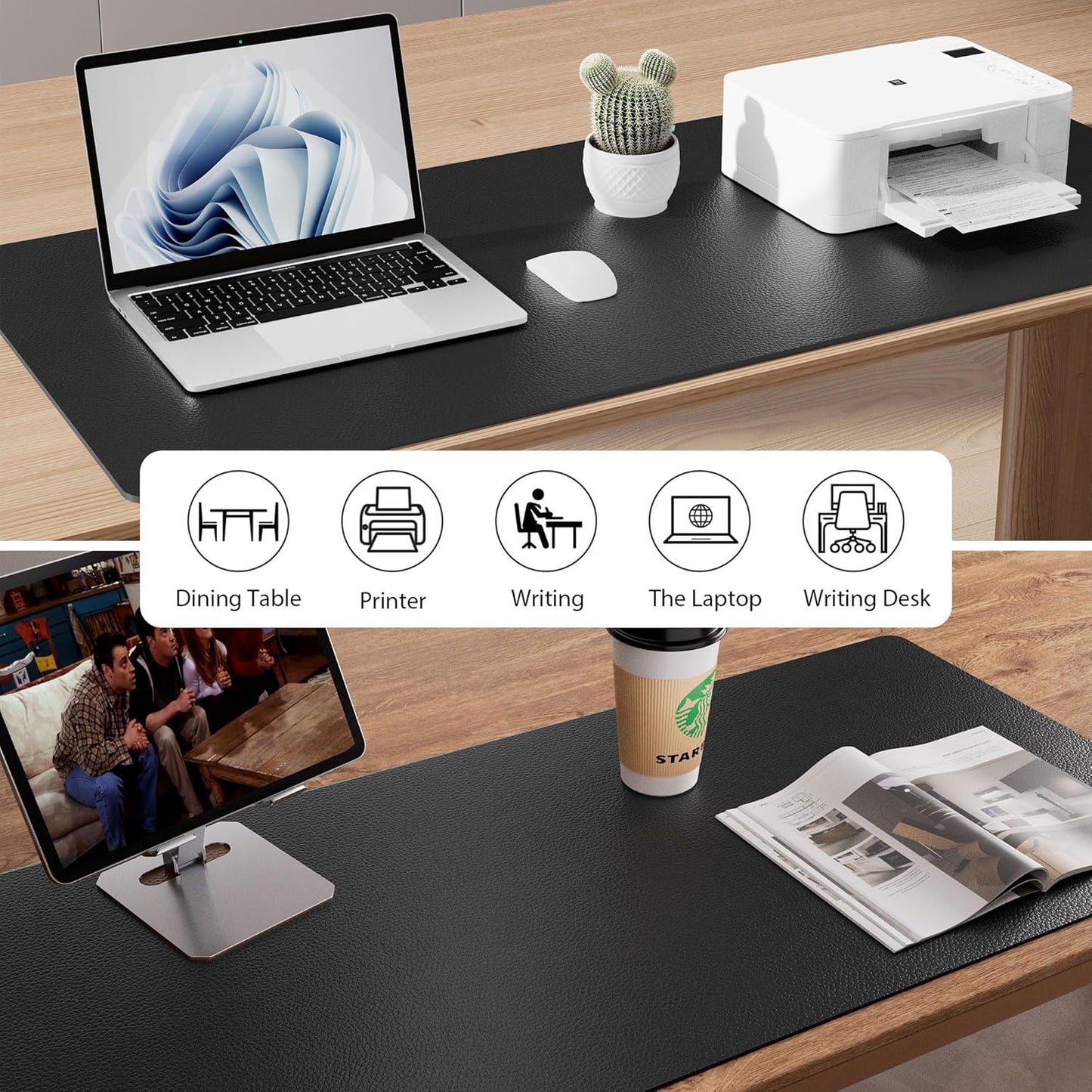 Aothia Leather Desk Pad Protector, Mouse Pad, Office Desk Mat, Non-Slip PU Leather Desk Blotter, Laptop Desk Pad, Waterproof Desk Writing Pad for Office and Home (48"x17", Black)