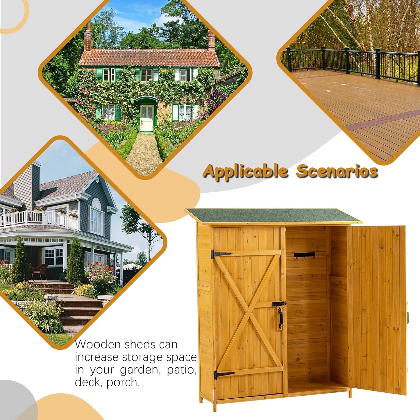 56" x 19.5" x 64" Outdoor Wooden Storage Shed with Lockable Door, Detachable Shelves & Waterproof Asphalt Roof for Garden Tools, Pool Supplies, Lawn Equipment