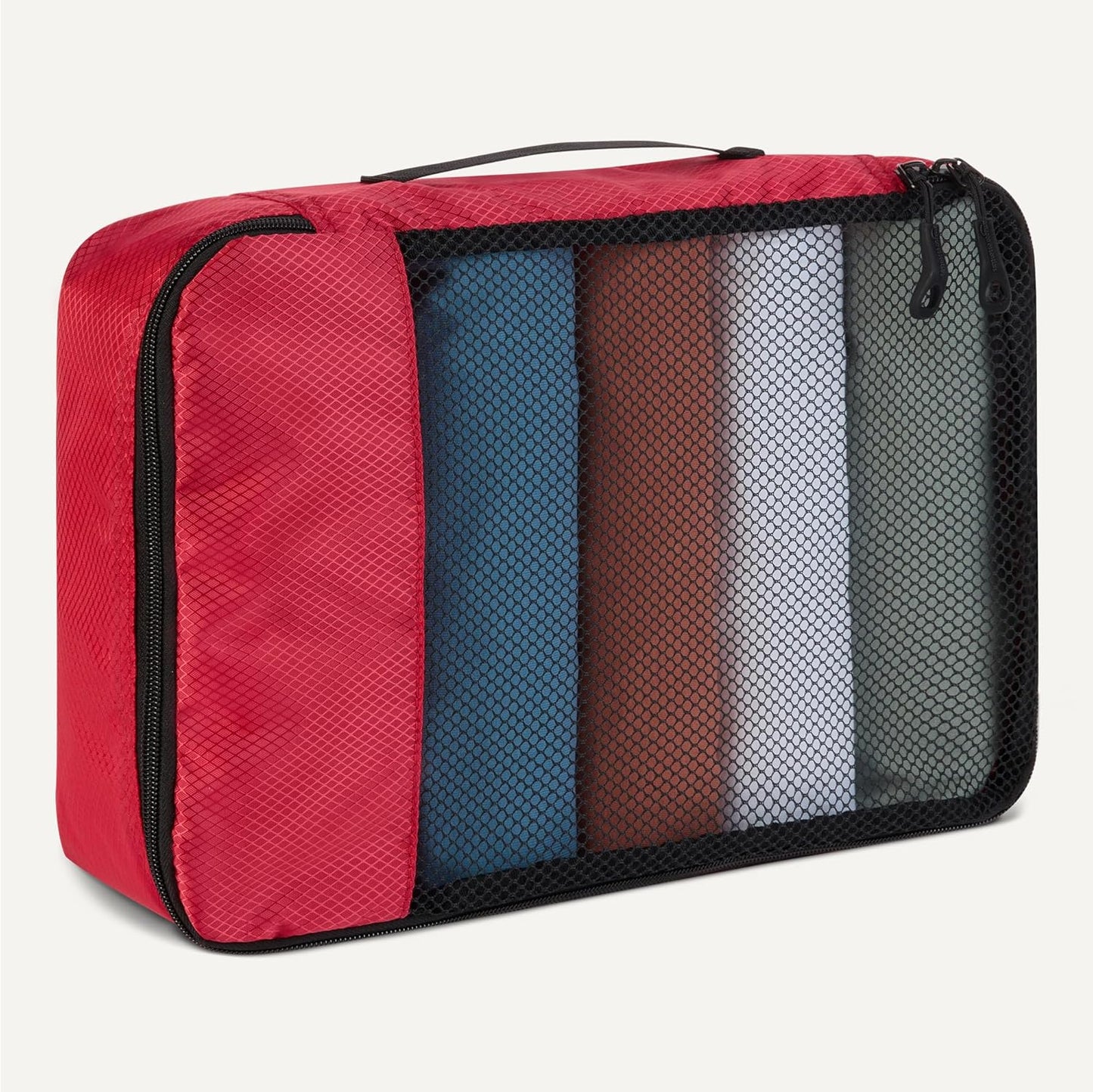 Amazon Essentials 4-Piece Packing Cubes Travel Accessories Set, Luggage Organizer with Double Zipper, Mesh Top, 100% Polyester, 2 Medium/2 Large, Red (Previously Amazon Basics)