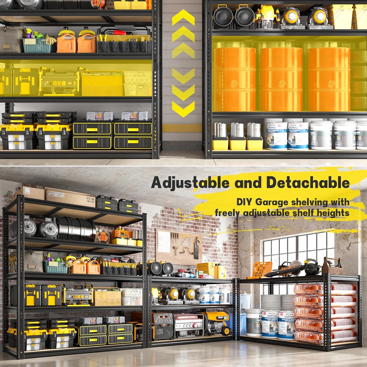 48" W Garage Shelving Heavy Duty 3200LBS Garage Storage Shelving, 5 Tier Adjustable Metal Shelving Unit Utility Rack Shelf for Warehouse, Pantry, Closet, Kitchen 72" H x 48" W x 24" D, Black