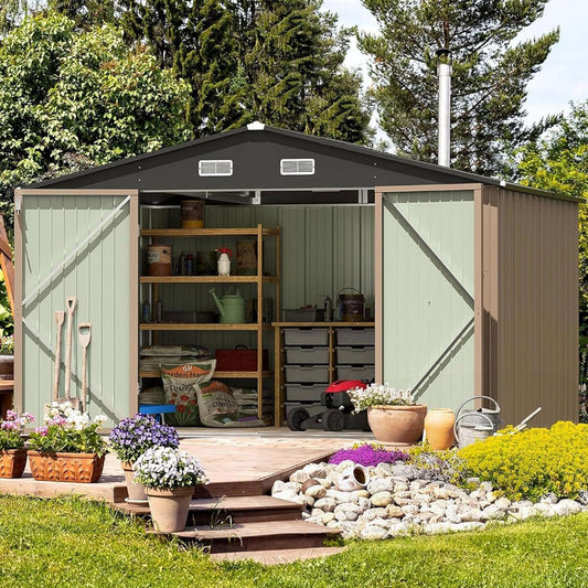 Furniwell 10x8 FT Outdoor Storage Shed, Metal Garden Sheds Outdoor Storage House with Single Lockable Door for Backyard Patio Lawn, Brown