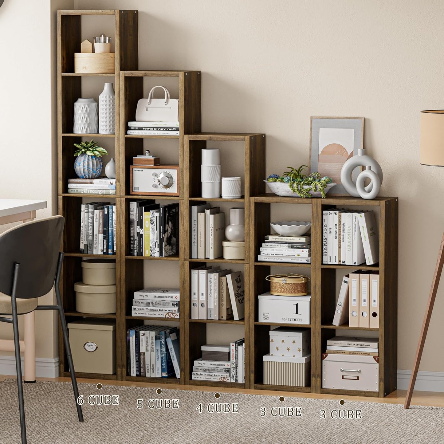 Tall Cube Storage Organizer Bookcase, 5 Tier 11 inch Open Back Cubical Shelf with Thickened Border, Display Bookshelf for Living Room, Home Office, Sturdy Room (Brown, 5 Cube,Vertical)