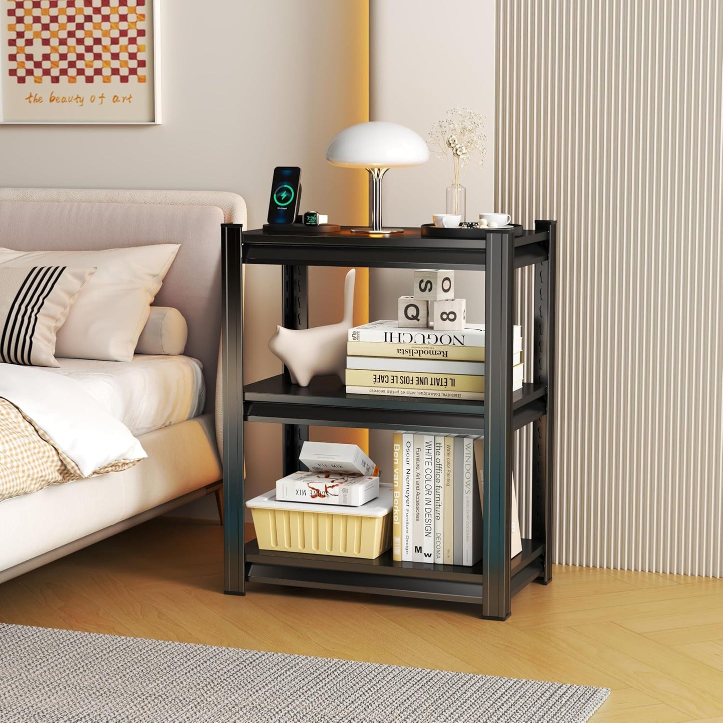 32'' Storage Shelves, 3Tier Garage Metal Shelving Unit, Adjustable, Double-Layer Column with Reinforced Ribs, Heavy-Duty, Capable of Bearing 1800 lbs, Suitable for Garage, Warehouse, Kitchen Storage