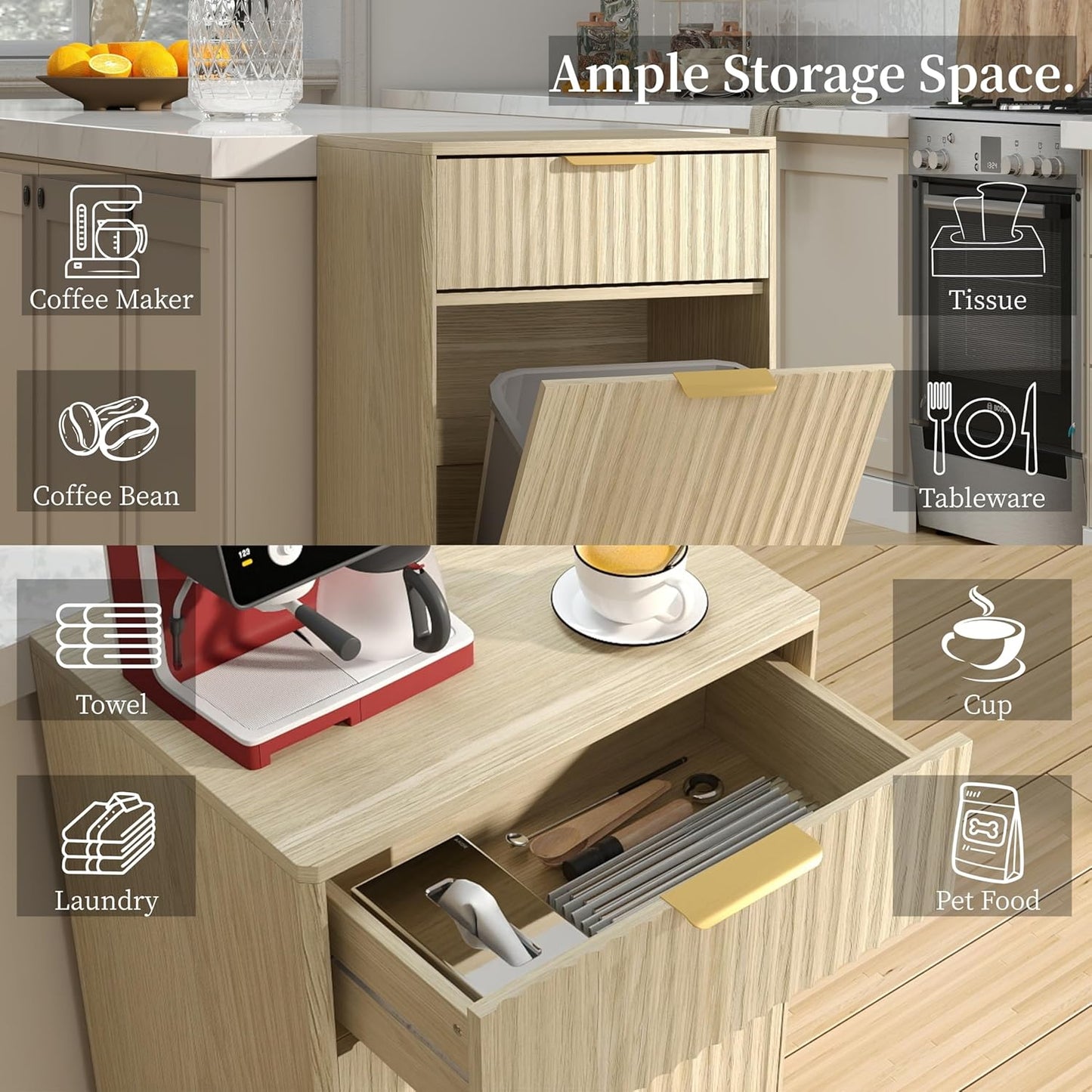 Tilt-Out Trash Cabinet with 10-Gallon Capacity, Walnut Laundry Hamper Cabinet, 34.3 x 19 x 13.8 inches, Wave-Textured Front.