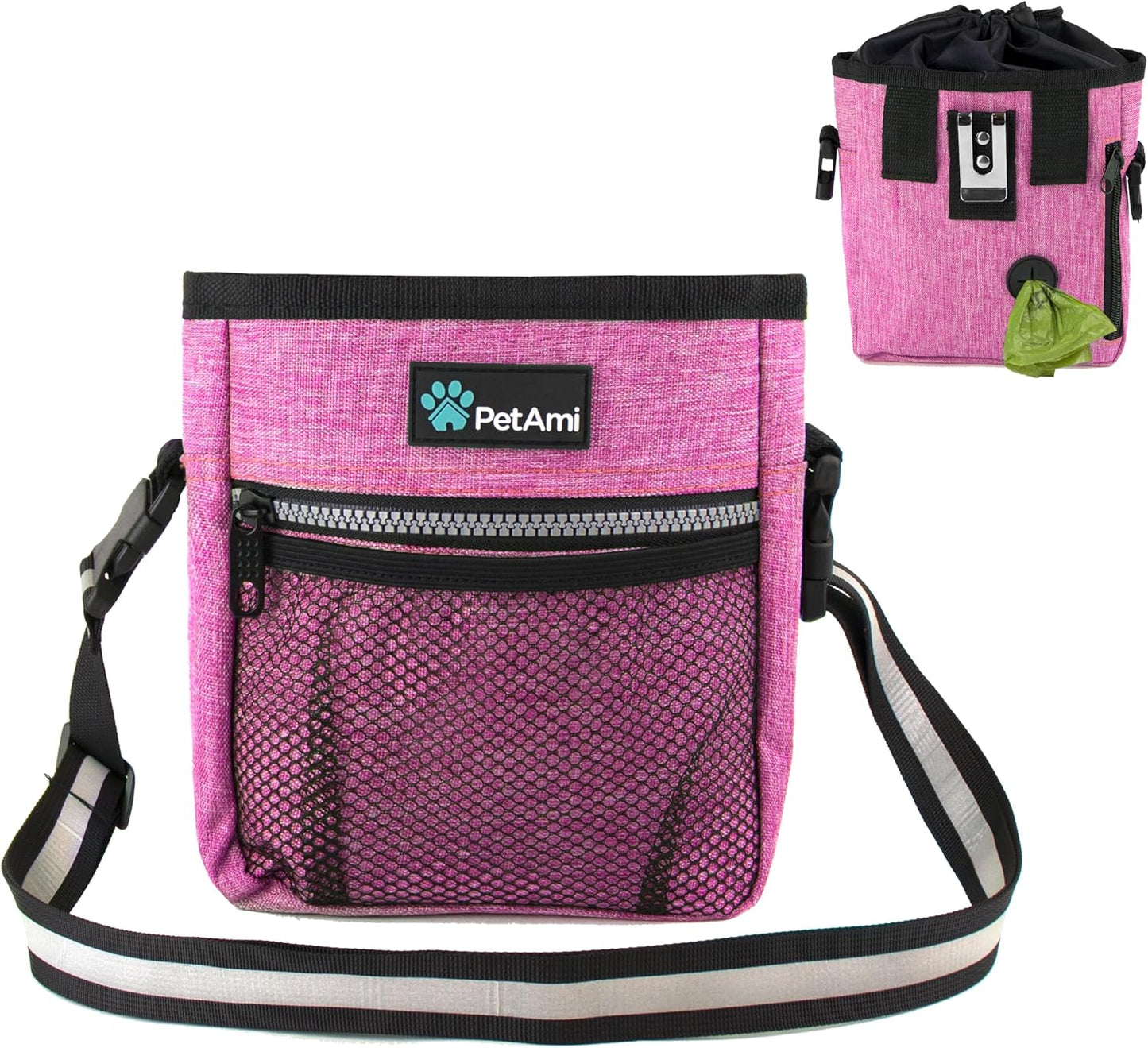 PetAmi Dog Treat Pouch, Pet Treat Pouch for Training, Dog Walking Bag Holder for Kibbles, Pet Food Toy, Dog Trainer Essentials Supplies, Poop Bag Dispenser, 3 Ways to Wear (Pink)
