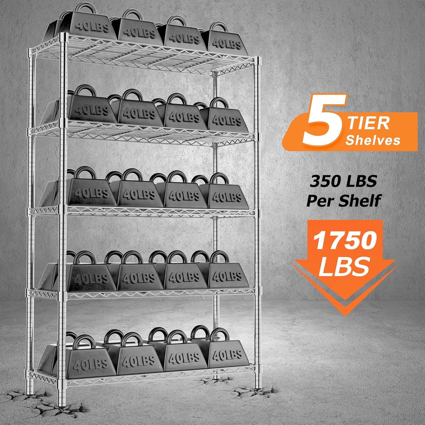 Storage Shelves Heavy Duty, 4 PCS 36" L x 14" W x 72" H Garage Wire Shelving Unit Loads 1750LBS, 5-Tier Adjustable Metal Industrial Utility Shelf Rack for Kitchen, Laundry Room, Warehouse, Basement