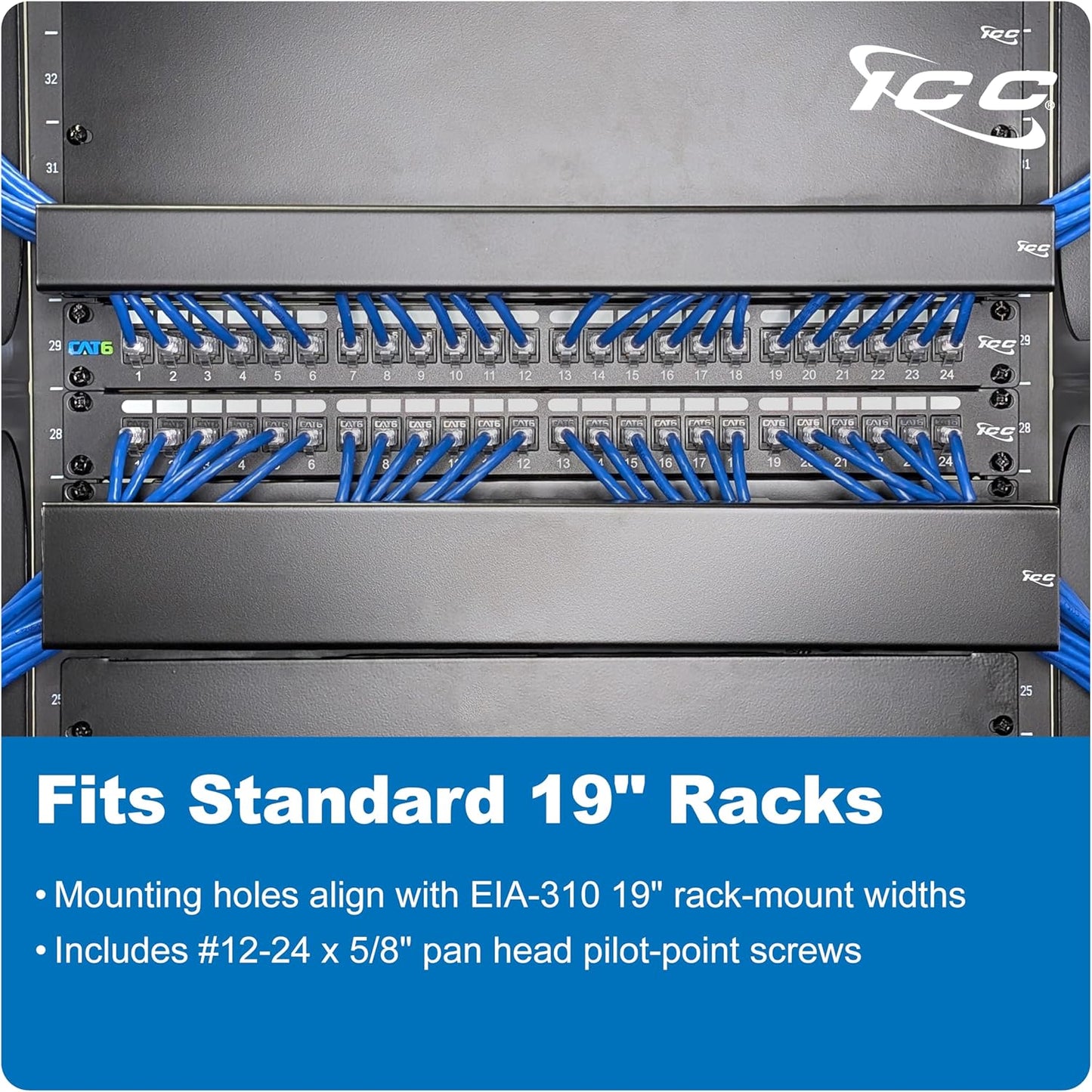 ICC 1U Ring Cable Manager Panel with Cover, Metal, 3" D-Rings, Horizontal Cable Management, Rackmount for 19” Network Racks, Black, Single Pack