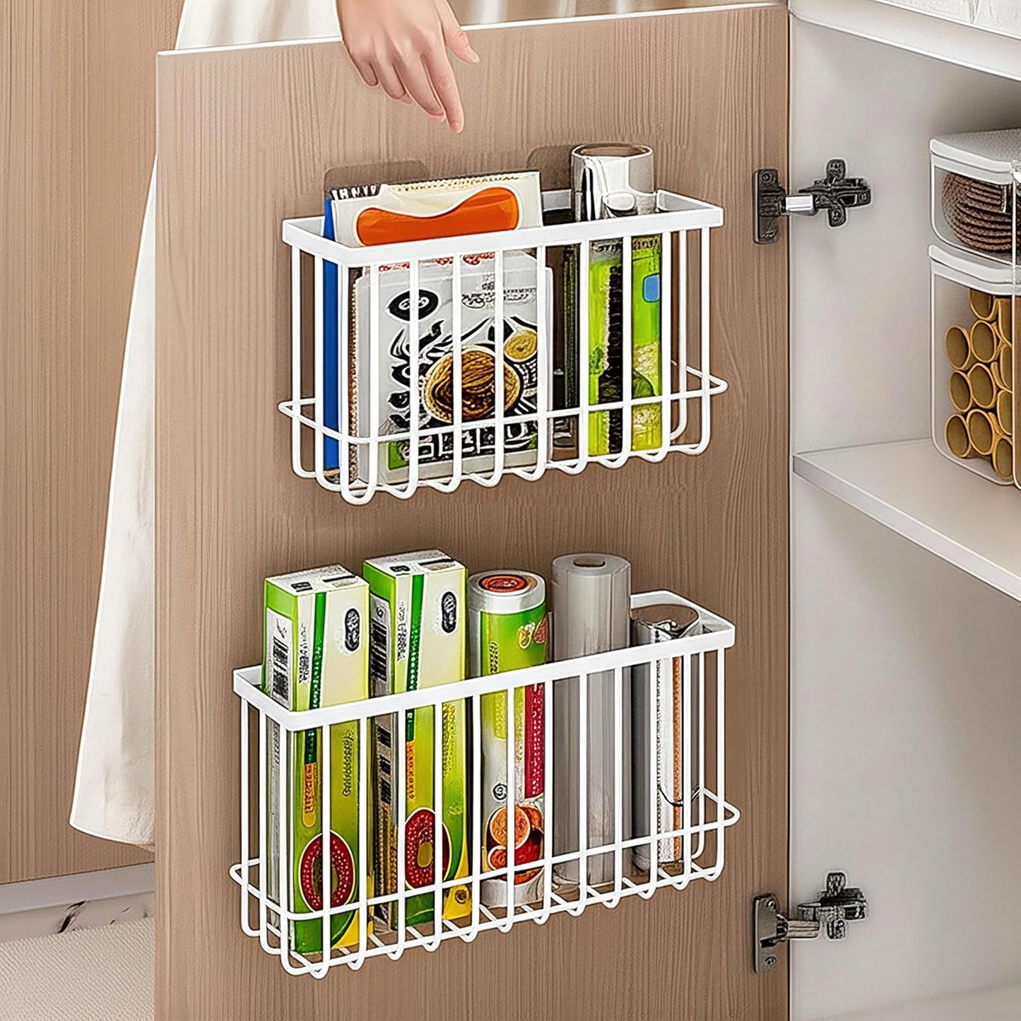 Cabinet Door Organizer 3Pcs, Foil and Plastic Wrap Organizer with 2 Sponges, Cabinet Door Storage with 3 Caddy Adhesive, for Aluminum Foil, Plastic Wrap, Wool Dryer Balls, White,(Small, Medium, Large)