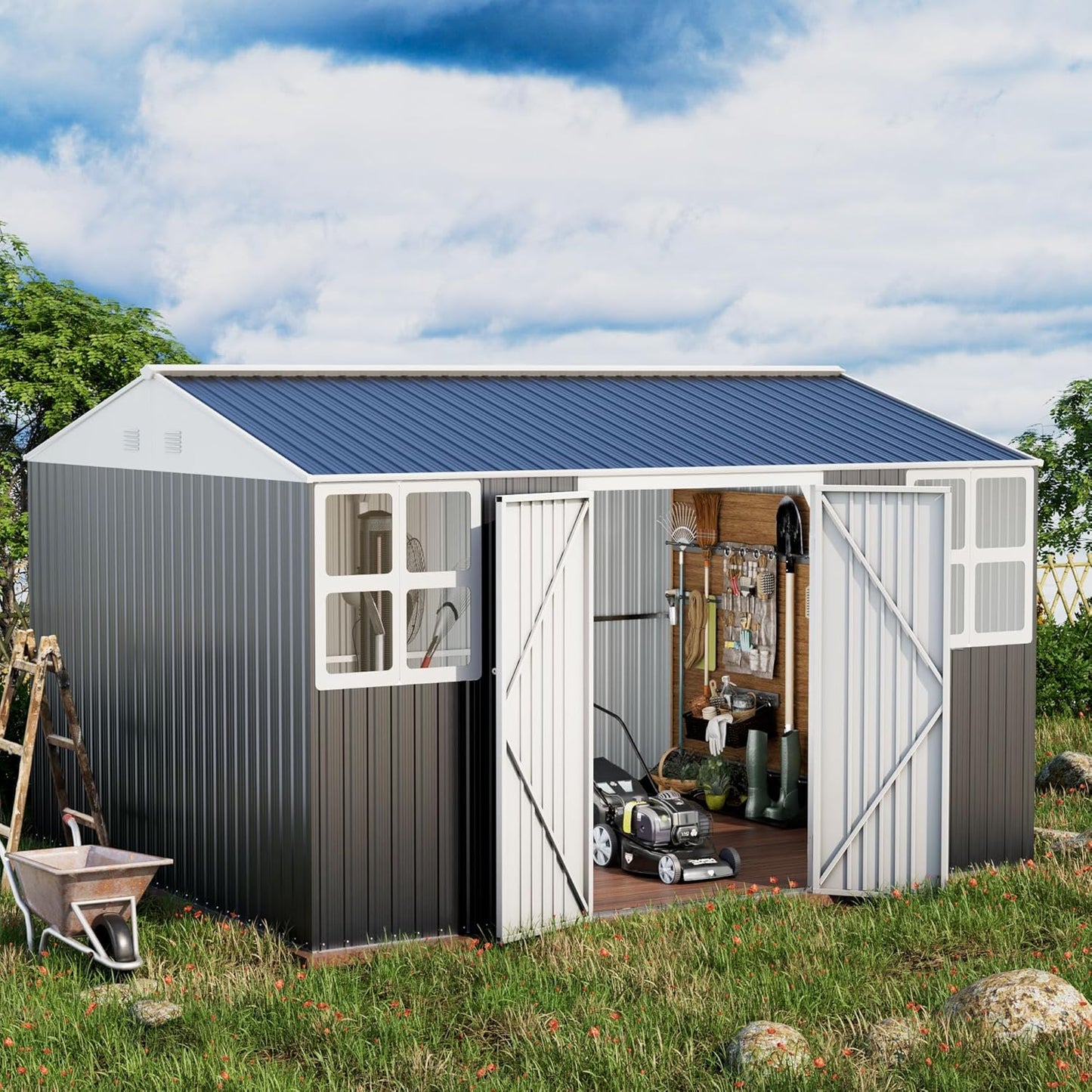 Metal shed 12x10 FT Outdoor Storage, Heavy-Duty Garden Sheds with Customizable Skylight & Reinforced Steel Frame, Weatherproof Galvanized Tool Tiny House for Backyard, Patio, and Lawn