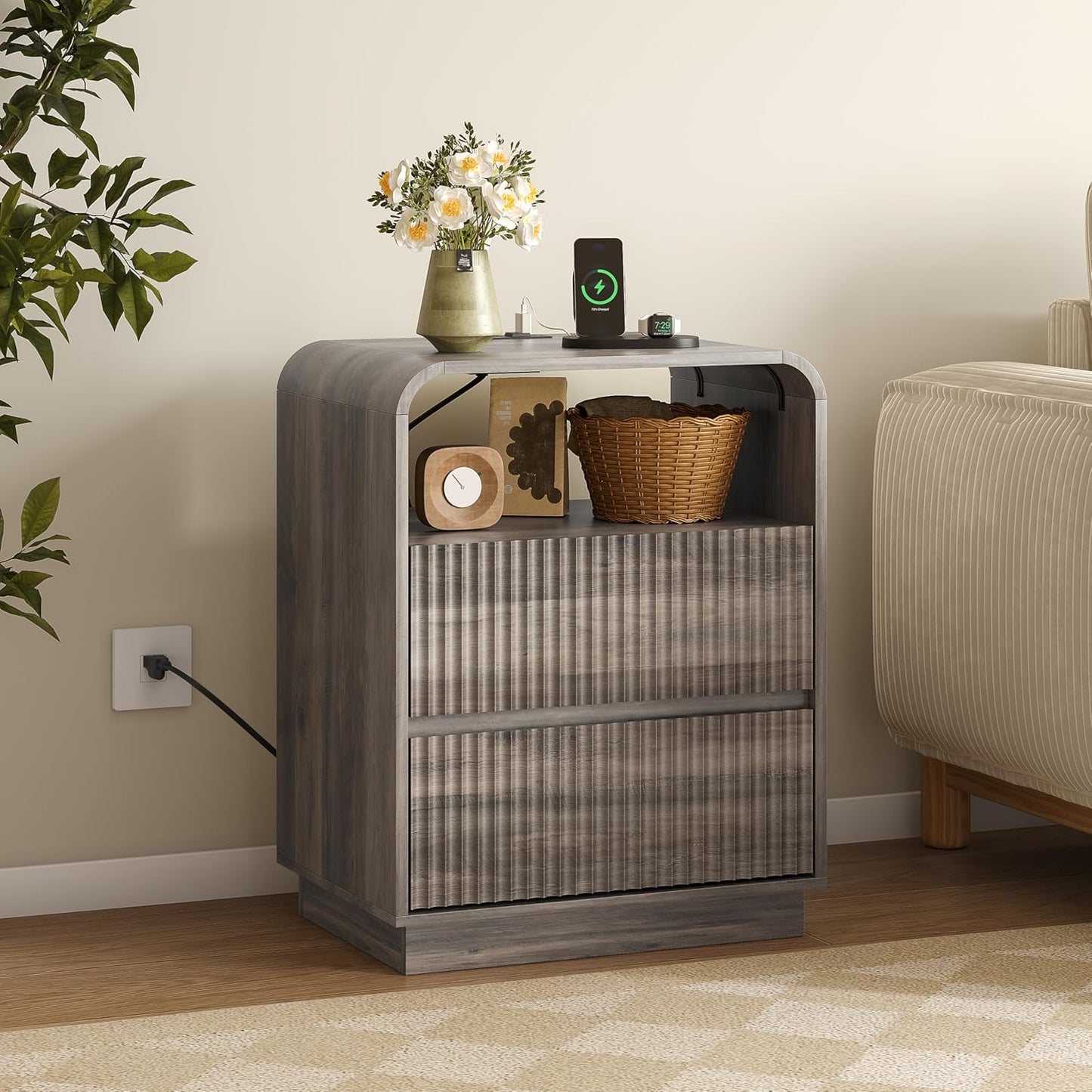 Dresser with 2 Drawers and Charging Station, Fluted Bedside Table with Round Curved Corner, Hidden Handles, 2 AC Outlets and 2 USB Ports, Modern Wood End Table with Open Shelf for Bedroom