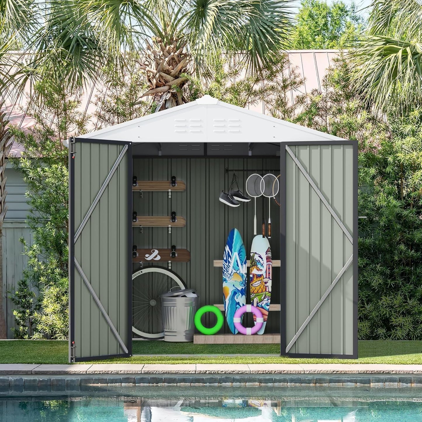 Furniwell 6x8 FT Outdoor Storage Shed, Metal Garden Sheds Outdoor Storage House with Single Lockable Door for Backyard Patio Lawn, Gray