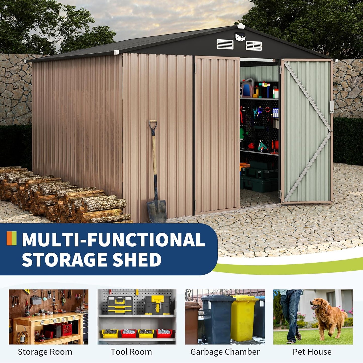 8x10 FT Metal Storage Sheds Outdoor with Solar Light, MetalTool Shed with Lockable Door, MetalYard Sheds Garden Shed Kit, Metal UtilitySheds Buildings with Air Vent for Backyard Garden Patio Lawn