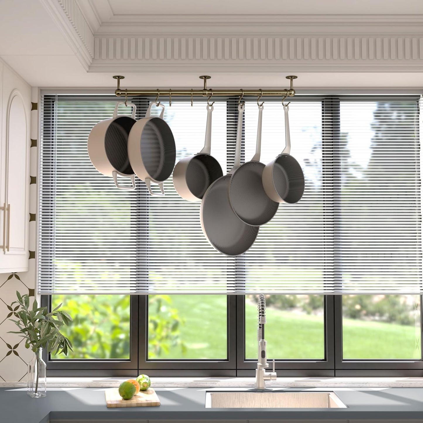 ROTHLEY Stainless Steel Hanging Pot Rack Hanger: 23.7 Inch Pot and Pan Hanger Wall Mounted Hanging Pot Bar Rack Heavy Duty Pot Hangers Kitchen Rail with 8 S Hooks (Antique Brass)
