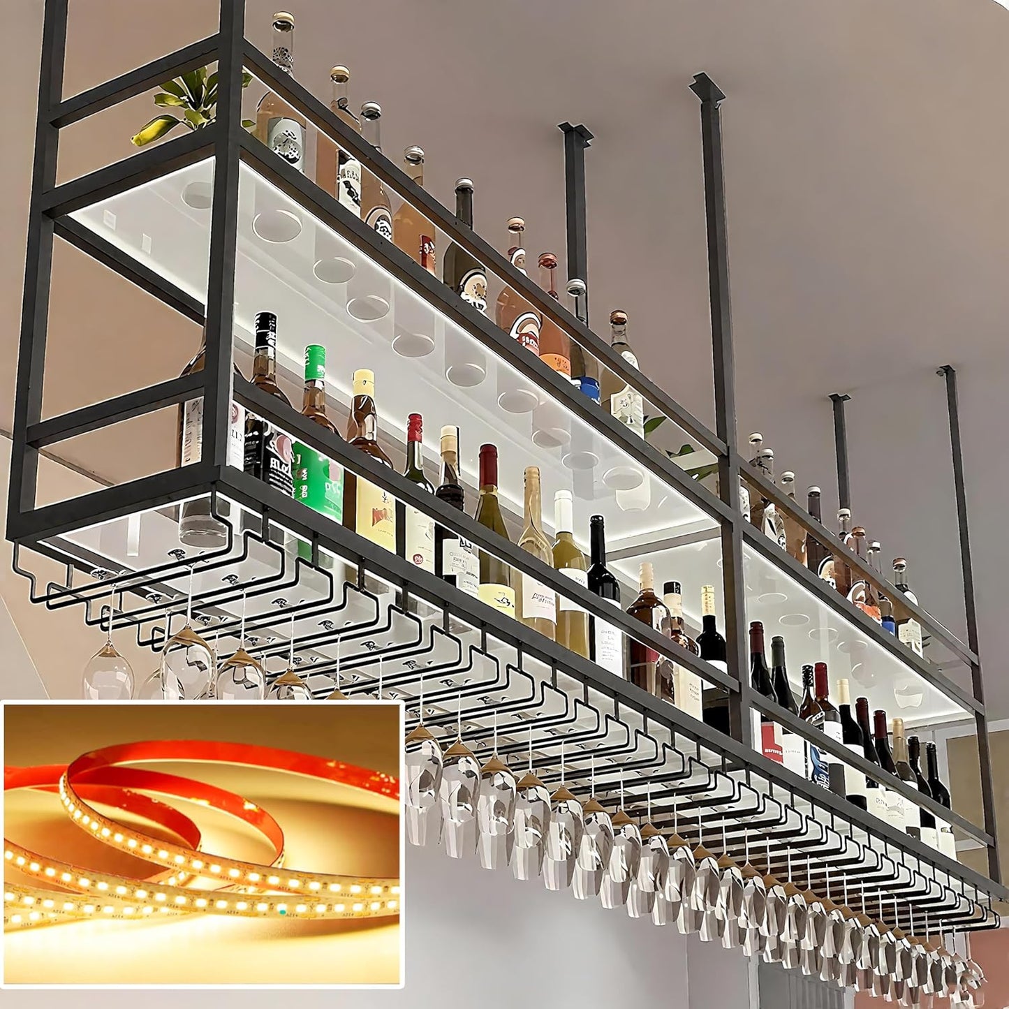 59IN Acrylic Ceiling Wine Glass Rack with Transparent Shelves, Hanging Wine Rack with Glass Holder and LED Lights, 2 Layer Ceiling Bottle Holder Shelf for Bar Kitchen Decorate (59in/150cm)