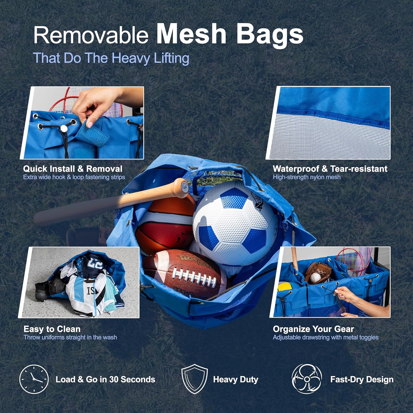 KASSELL Garage Sports Organizer Storage rack for sports equipment Ball, Heavy Duty Toy and Gear Storage Organizer with Grab and go bags (Blue)