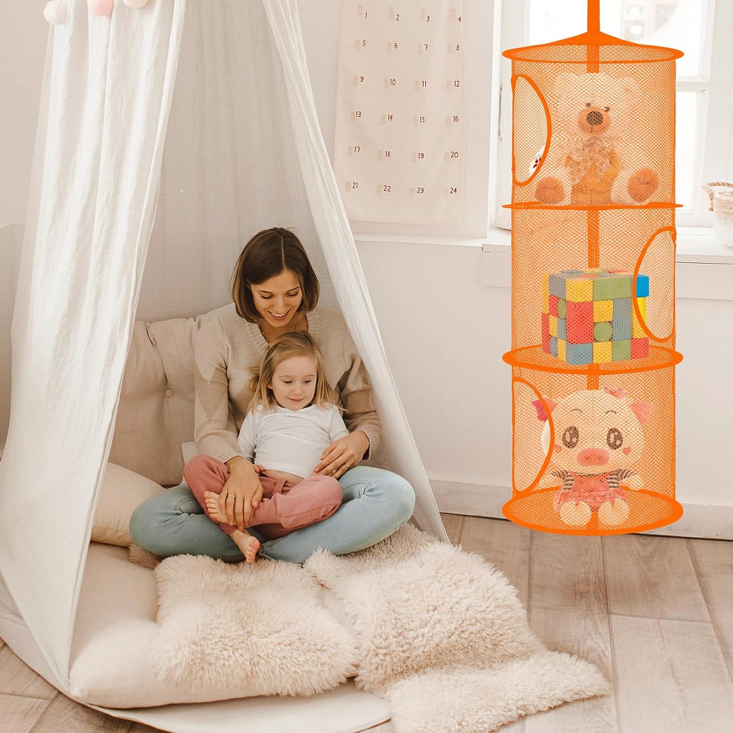 Libeder Mesh Hanging Storage Space Saver Bags Organizer,Foldable Storage Organizer 3 Compartments Toy Storage Basket for Kids Room Bathroom 2 Sets Orange