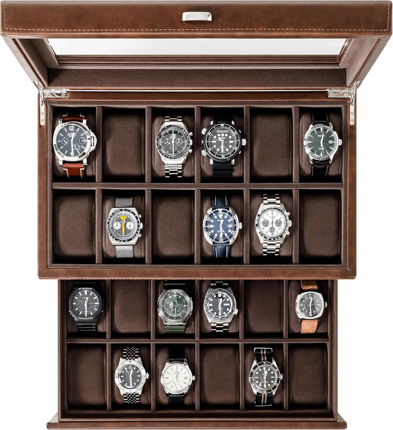 TAWBURY 24 Slot Watch Box for Men - Extra Large Watch Case with Double-Layer Design for Optimized Storage | Removable Drawer for Easy Handling (Brown)
