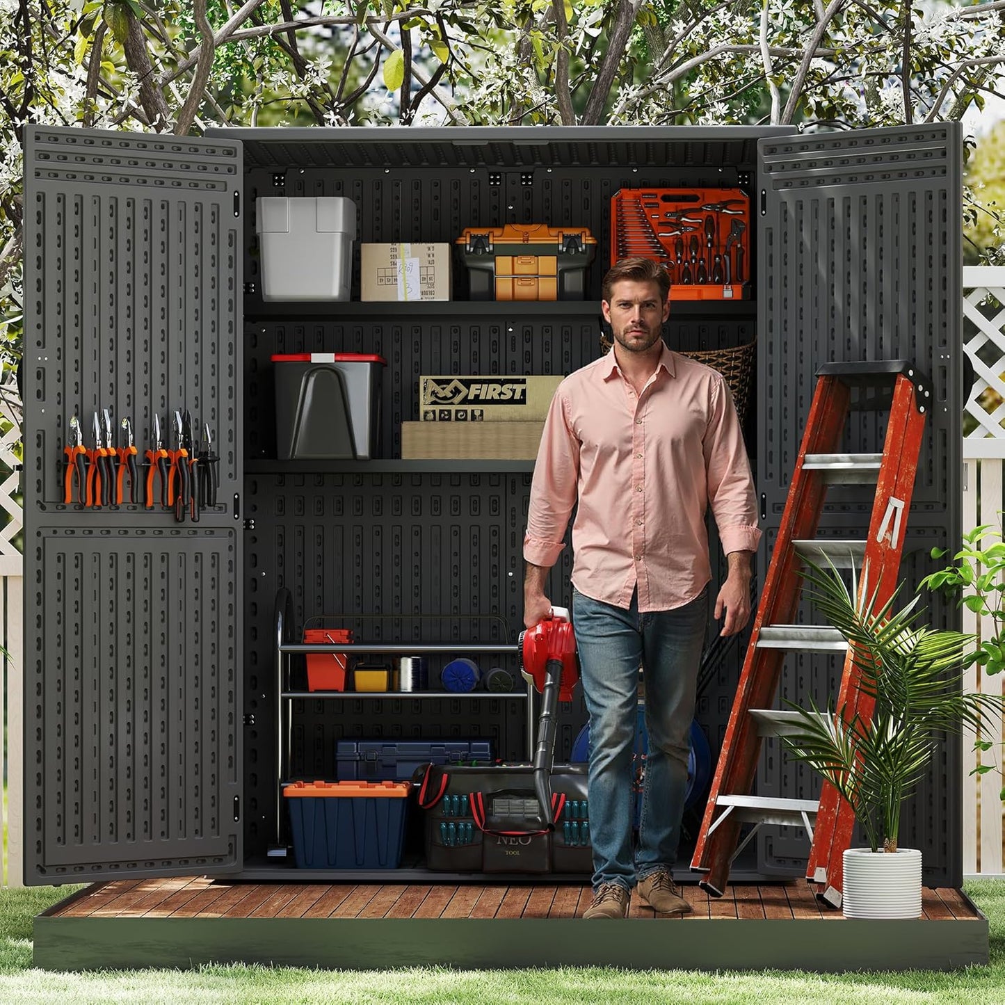 EHHLY Vertical Resin Storage Shed, 60 Cuft Garden Tool Sheds & Outdoor Storage, Plastic Outdoor Storage Cabinet Waterproof, 4.5 x 2.3 ft Backyard Outside Lawn Mower Storage Shed, Grey