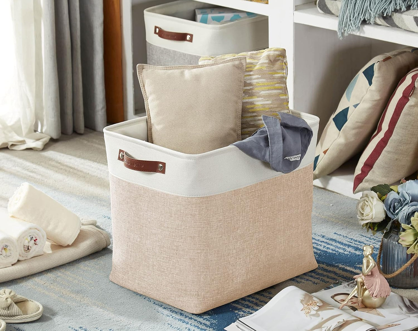 DECOMOMO Extra Large Storage Baskets, 54.5L Fabric Storage Bins for Organizing Linen Closet, Nursery (Khaki & White, XXXL - 3 pack)