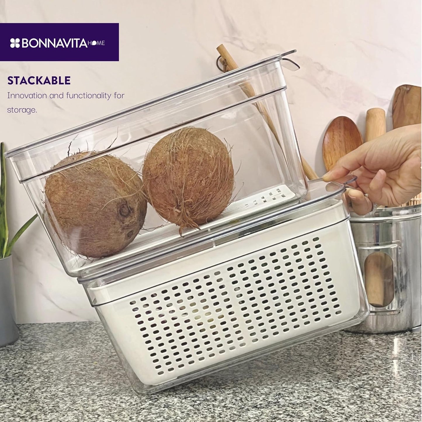 Clear Stackable Storage Containers with Lids BPA-Free Organizer Bins for Refrigerator Pantry Fridge Drawer with Colander and Dividers for Kitchen Food Preservation and Home Organization BPA Free