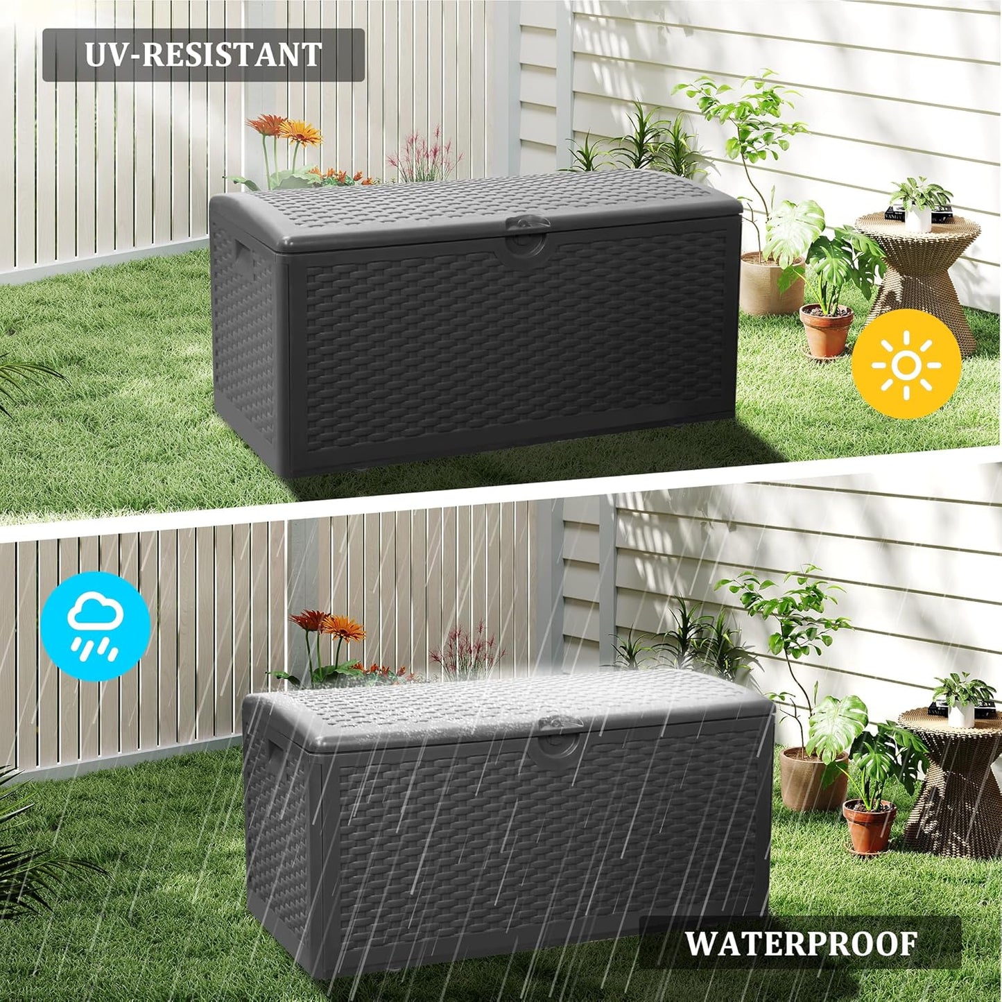 90 Gallon Plus Outdoor Storage Box Waterproof Lockable Resin Deck Box Large, Patio Storage Bin for Pool Accessories Cushion Furniture, Garden Tools, UV-Resistant Outside Delivery Black