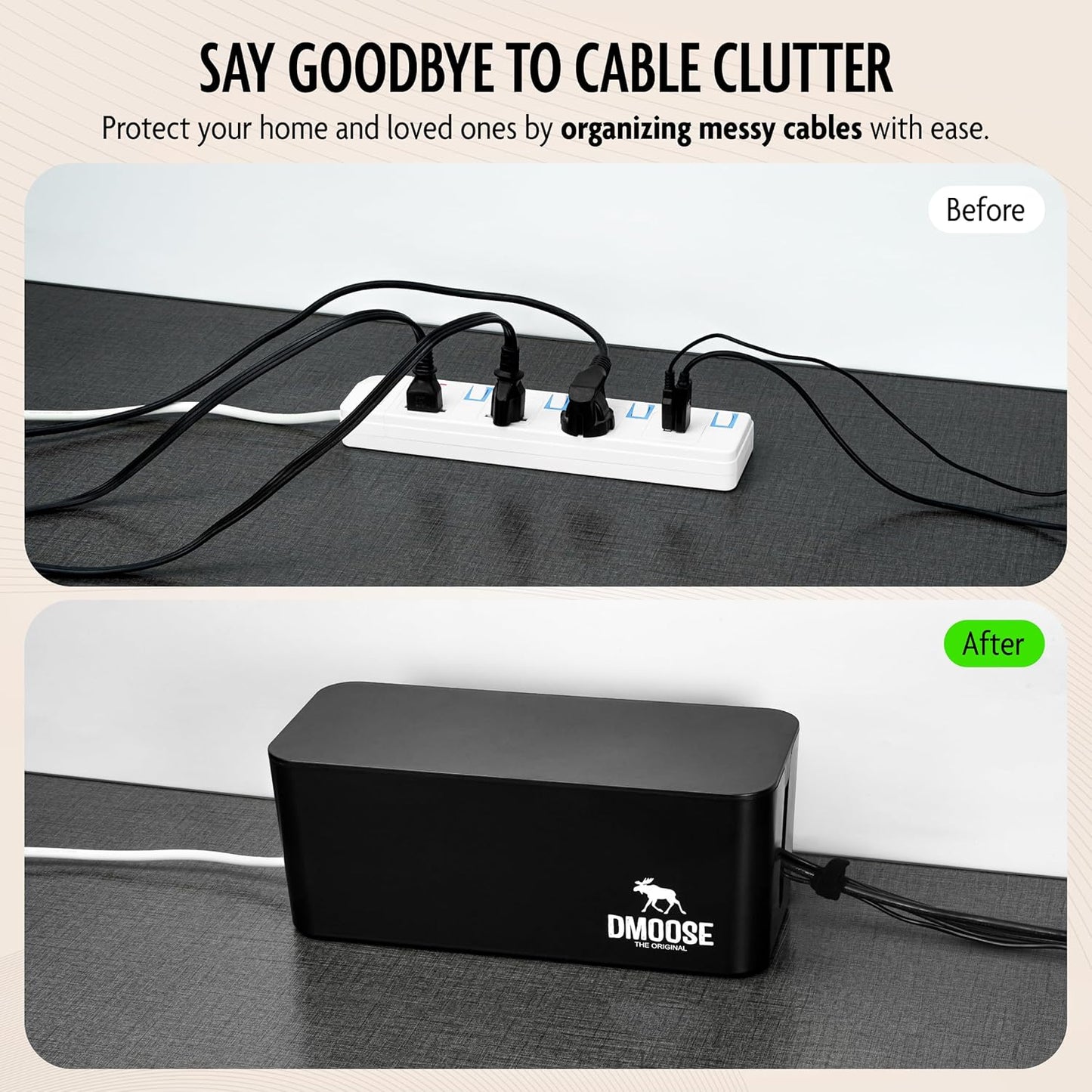 DMoose Cable Management Box - 2 Pack Medium & Large Cord Organizer for Desk & Floor, Cable Organizer Box for Child & Pet - Cable Box Hider for Tidy Office & Home, Power Strip Cover (Black - Pack of 2)