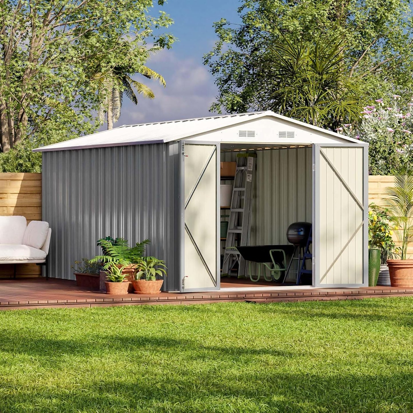 Patiowell 12 x 8 FT Outdoor Storage Shed, Steel Shed Storage House with Design of Lockable Doors, Utility and Tool Storage for Garden, Patio, Backyard, Outside use, Gray