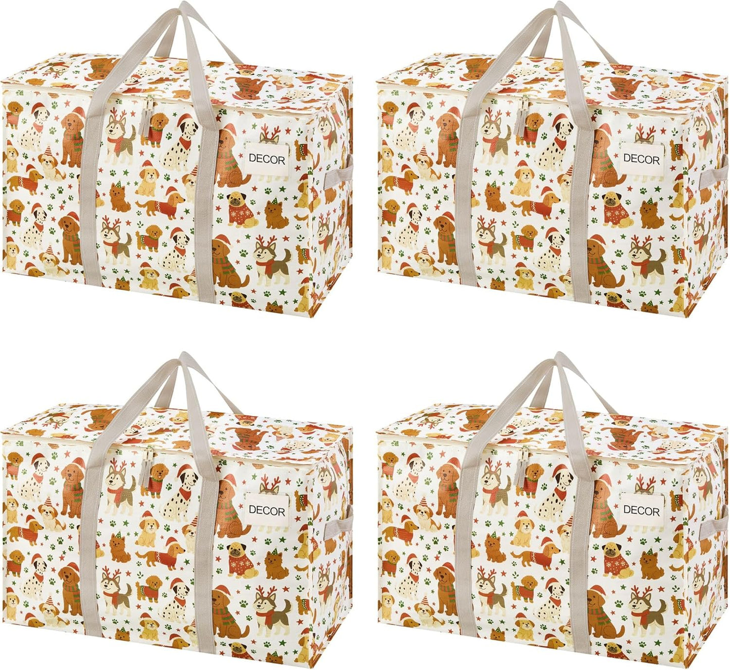 VENO 4 Pack Moving Bags and Large Christmas Storage Bins with lids. Alternative to Moving Boxes, Packing Supplies for College. Extra Large Heavy Duty Totes for Packaging (Holiday Pups, 4 Pack)
