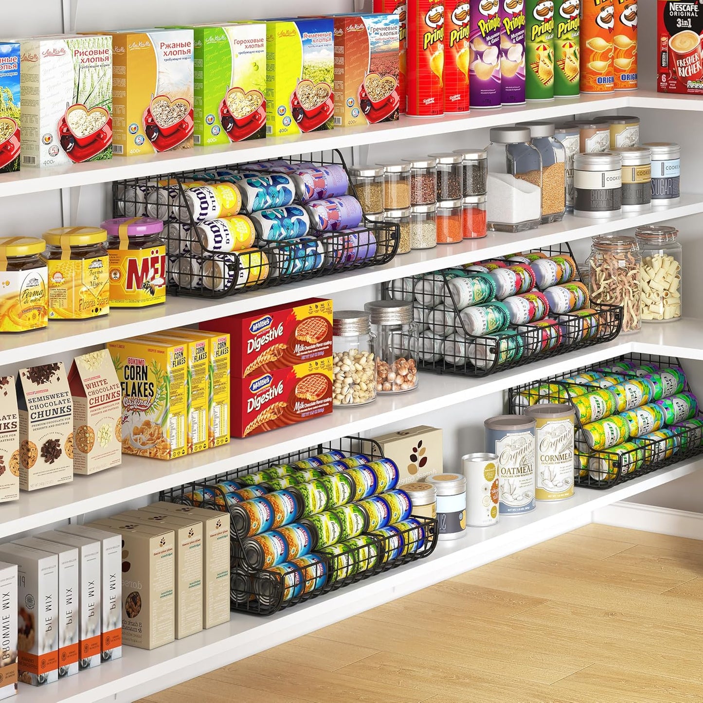2-Tier Stackable Can Organizer for Pantry Shelves, 2 Pack Soda Can Organizer with 4 Adjustable Dividers, Kitchen Can Storage Organizer, Wire Drink Organizer, Metal Can Dispenser for Cabinets Shelf
