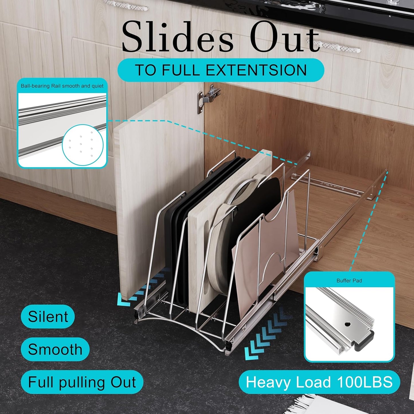 Pull Out Cookie Sheet Organizer for Cabinet, Pan and Pot, Cutting Board, Bakeware, Tray Organizer Rack, Sliding Rack- Heavy Duty, Adjustable Divider Width, 10" W x 22" D x 11" H, Chrome