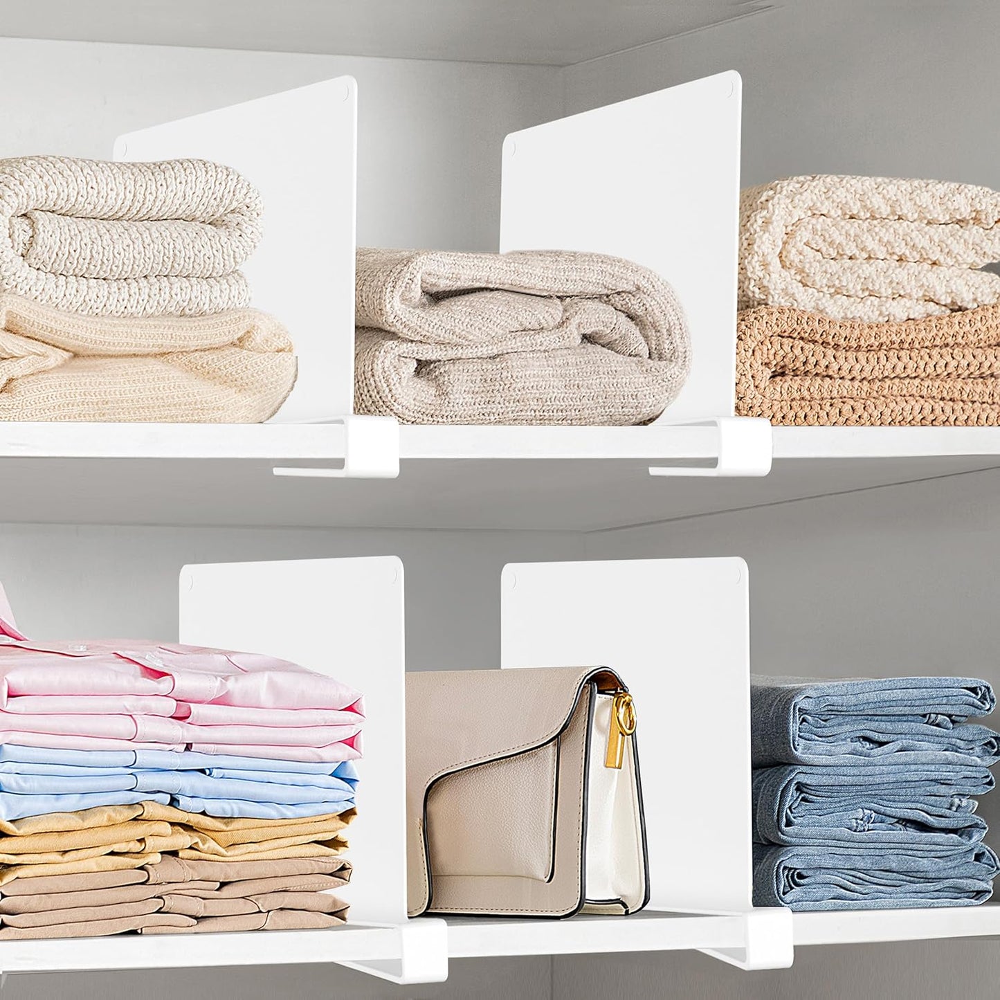 HBlife 8 Pcs White Acrylic Shelf Dividers, Vertical Purse Organizer for Closet Perfect for Sweater, Shirts, Handbags in Bedroom and Kitchen, Closet Separators for Organization Cabinet