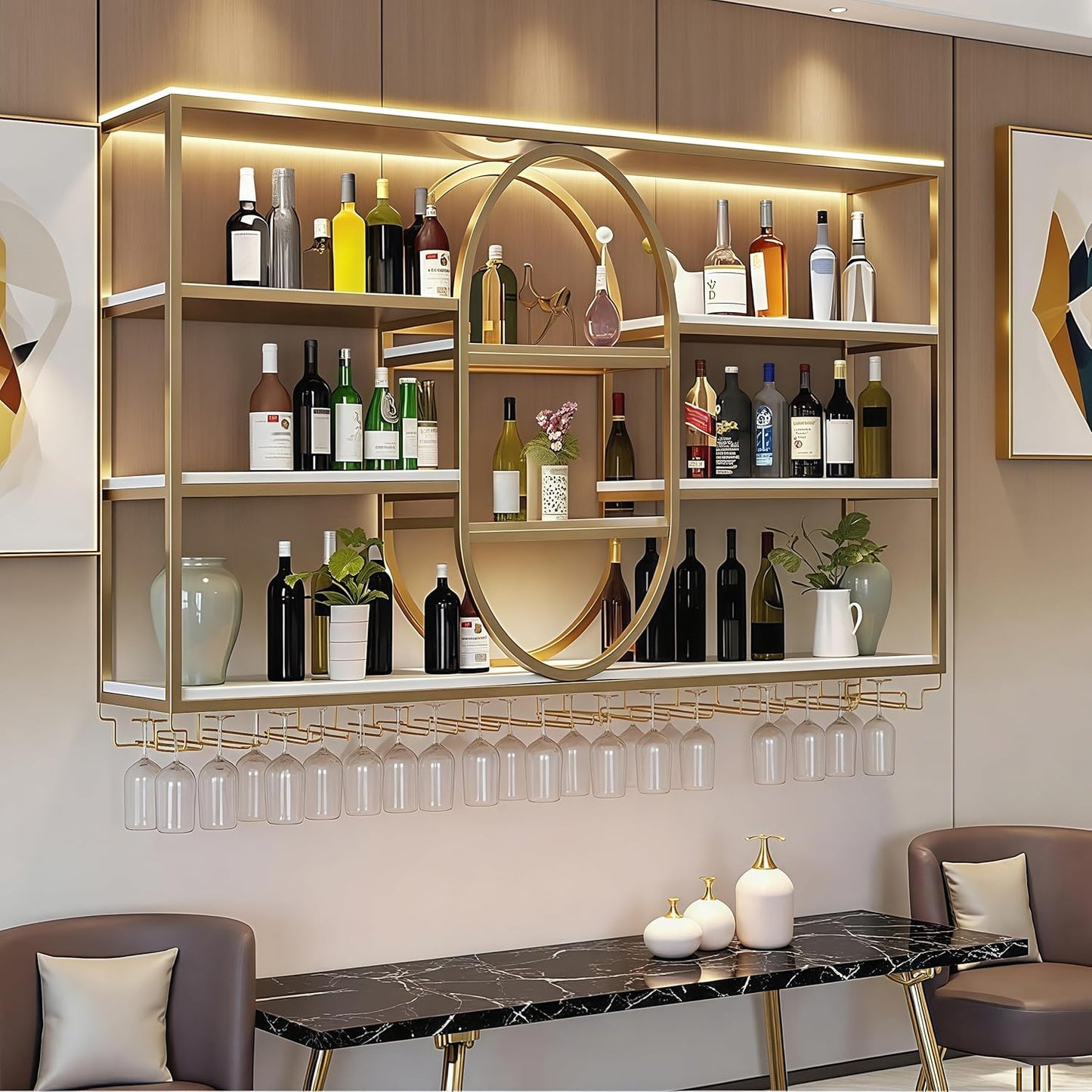 71IN Large Wall Mount Wine Rack, Metal 4 Tier Hanging Bottle Holder with Wine Glass Storage Racks, Modern Floating Wine Shelves for Home Bar Dining Room Decoration (Gold)