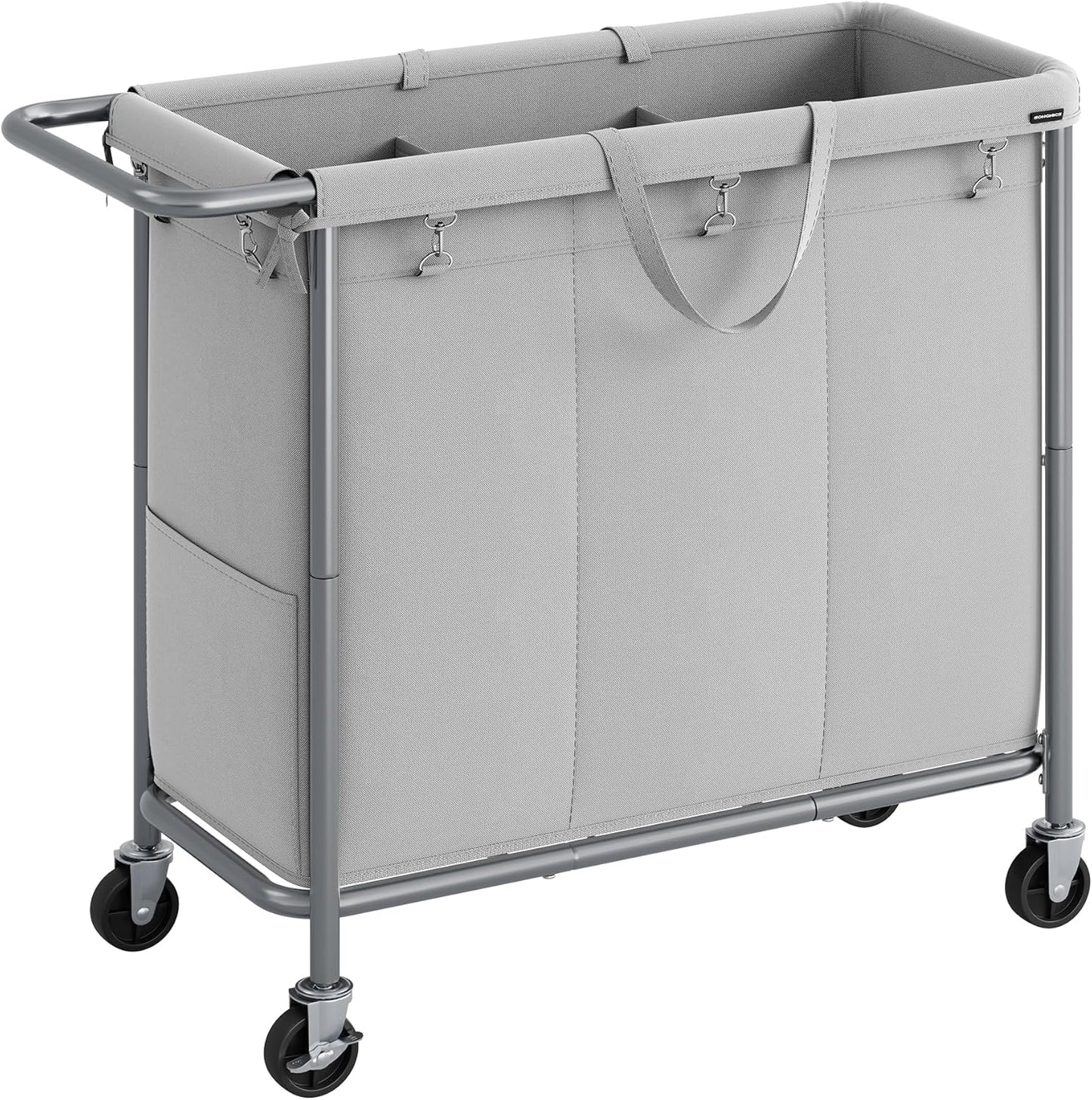 SONGMICS Laundry Basket with Wheels, 3-Section Rolling Laundry Hamper, 52.8 Gallons (200 L), Removable Liner, Steel Frame with Handle, 35.8 x 15.4 x 31.9 Inches, Dove Gray URLS005G01