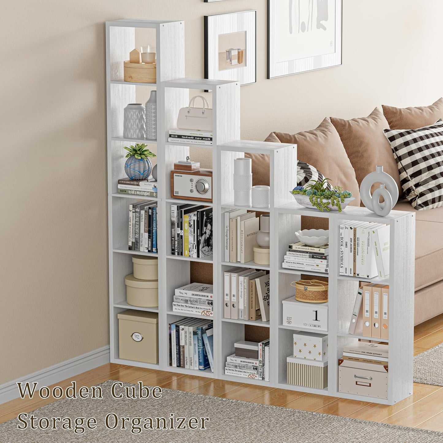 Tall Cube Storage Organizer Bookcase, 5 Tier 11 inch Open Back Cubical Shelf with Thickened Border, Display Bookshelf for Living Room, Home Office, Sturdy Room (White, 5 Cube,Vertical)