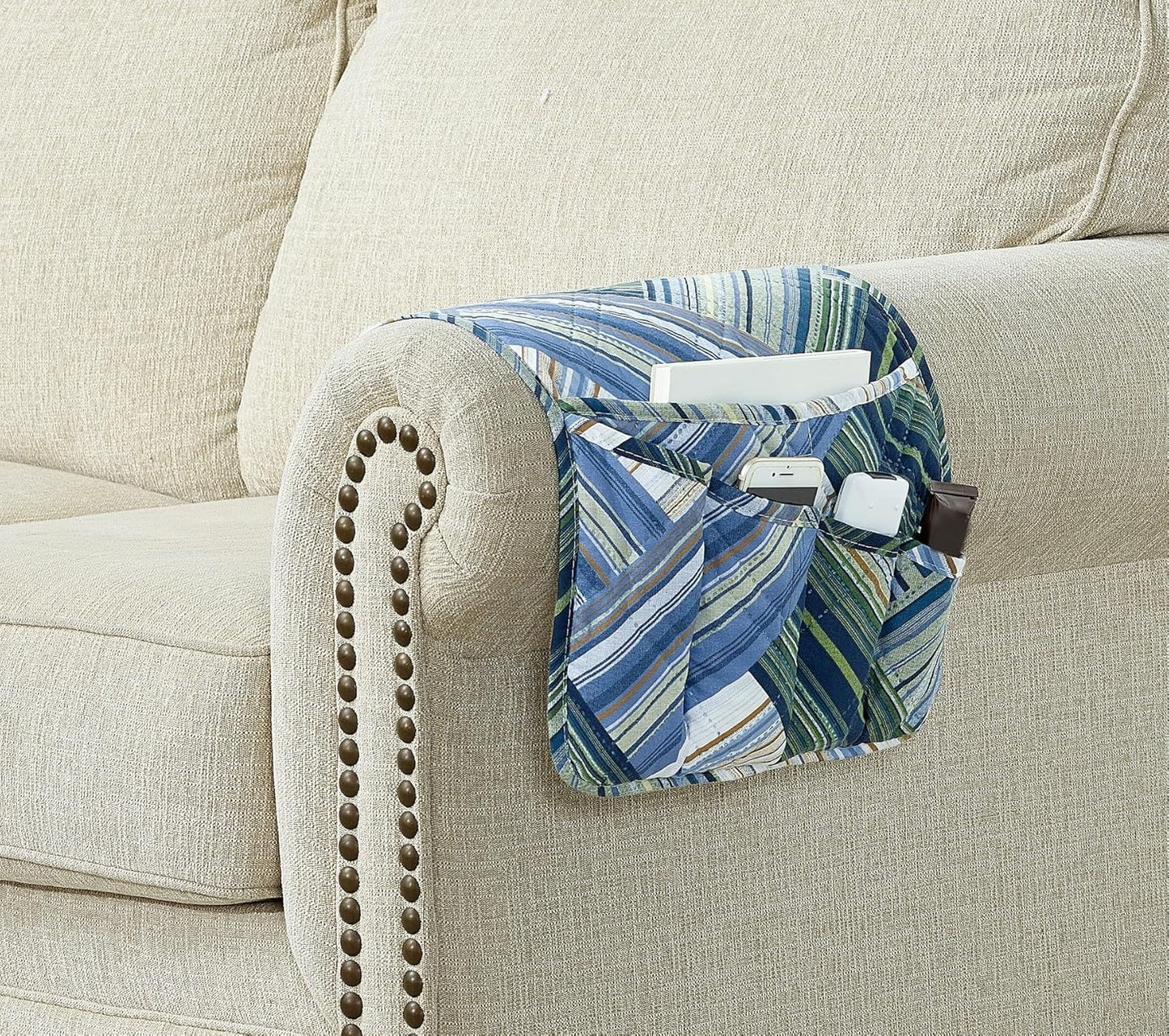 Brilliant Sunshine Teal Herringbone Patchwork Couch Armrest 5 Pockets Organizer, Slip Resistant Armchair Caddy, Washable Remote Controls Holder, Storage for Magazine, Tablet, Phone, iPad, Glasses,Teal
