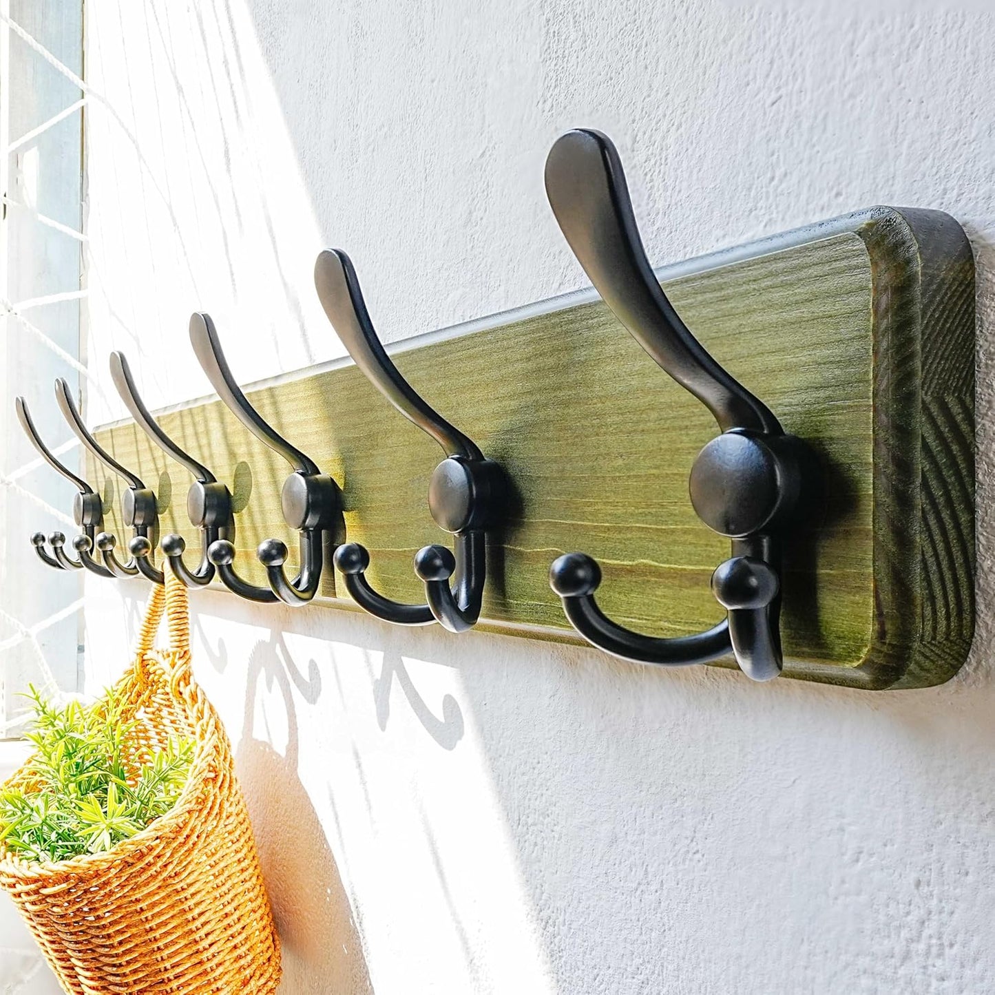 Dseap Coat Rack Wall Mounted - 24" Long 6 Tri Hooks, Heavy Duty Wooden Wall Coat Hanger Coat Hook for Clothes Hat Jacket Clothing, Weathered Green and Black