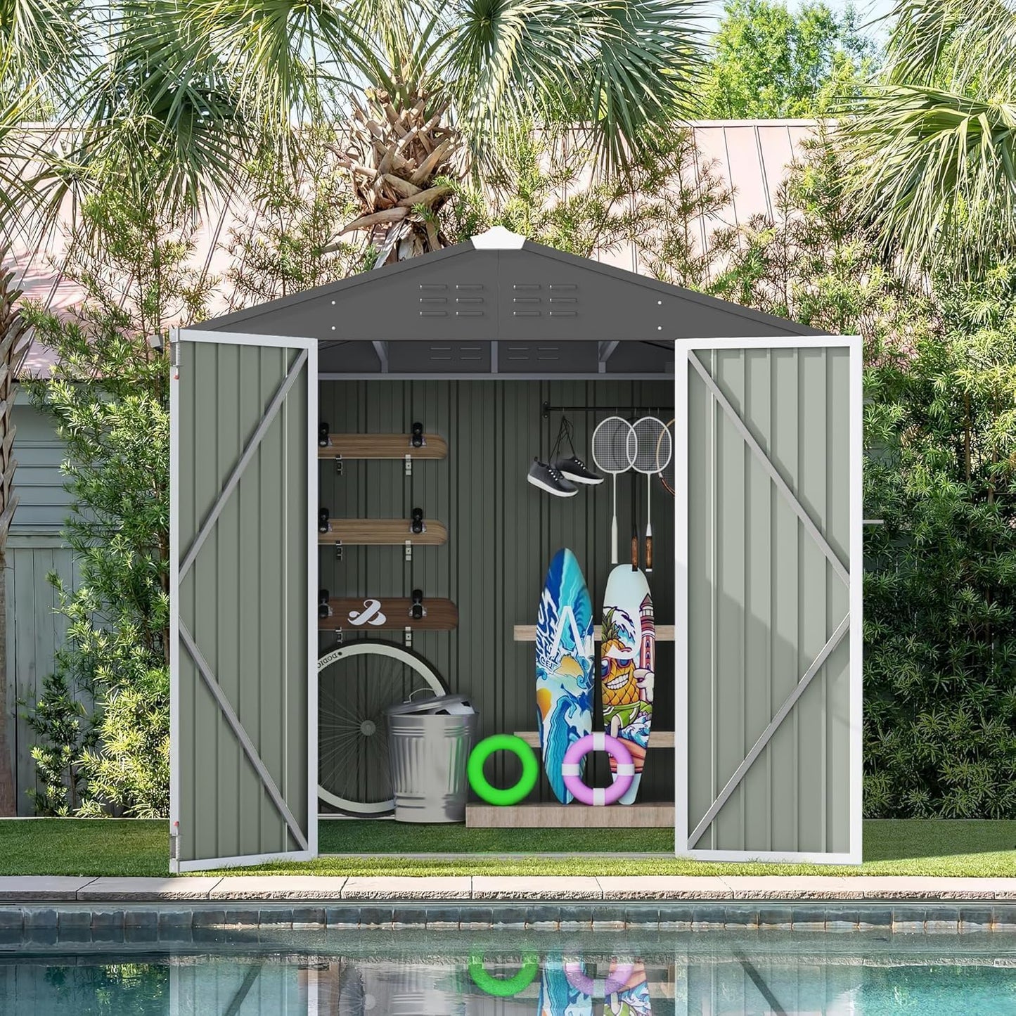 Furniwell 6x8 FT Outdoor Storage Shed, Metal Garden Sheds Outdoor Storage House with Single Lockable Door for Backyard Patio Lawn, White
