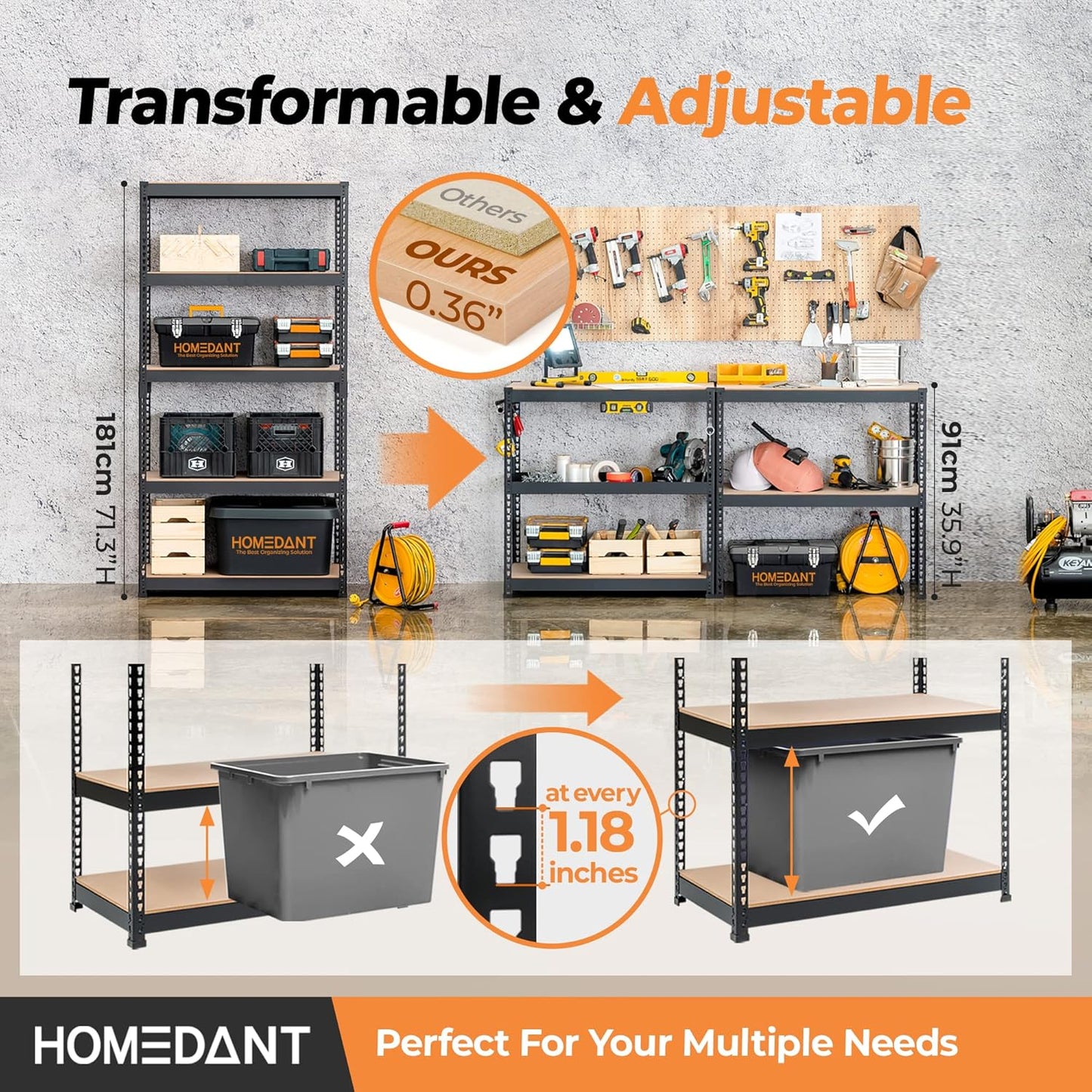 HOMEDANT 5 Tier Storage Shelves Adjustable Laminated Boltless Garage Metal Shelving Unit Heavy Duty Utility Rack Shelf Warehouse Pantry Closet Kitchen (1, (M) 35.9" W, Black)