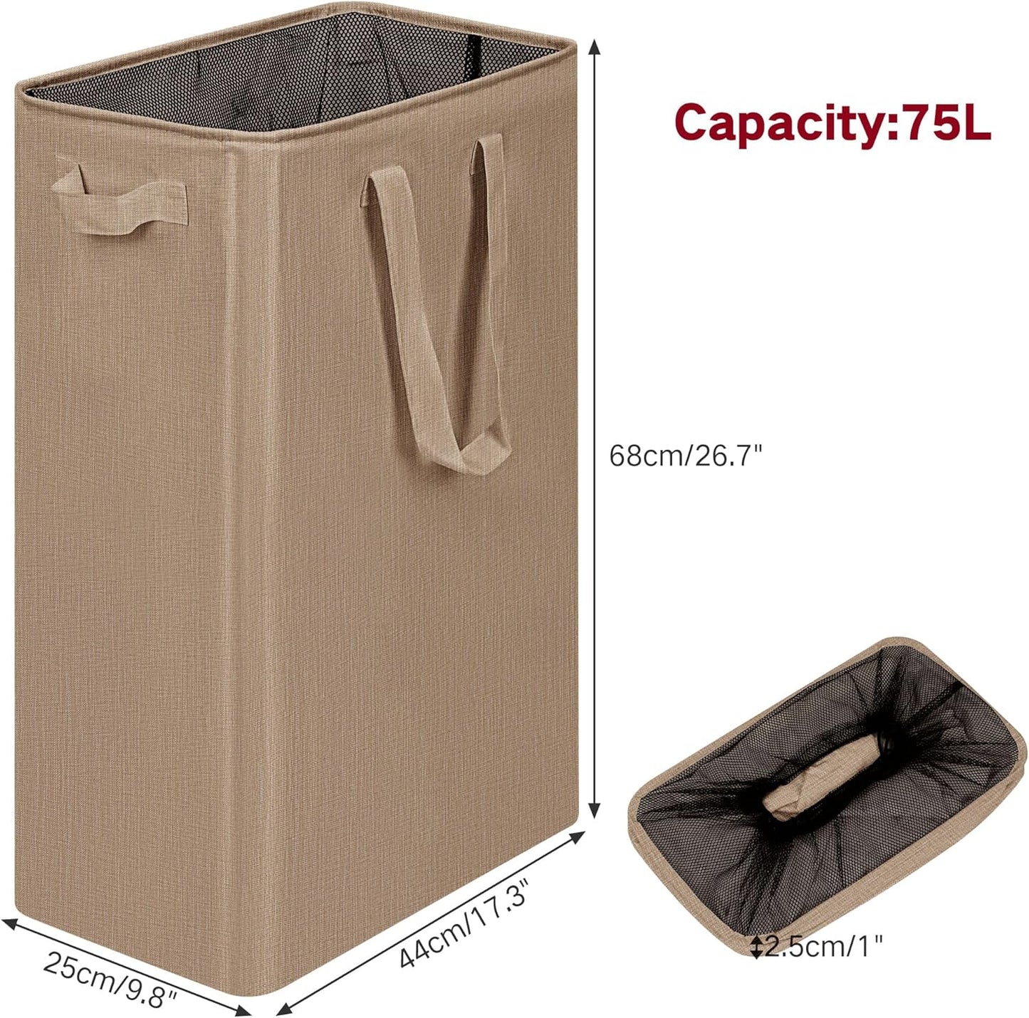efluky Slim Laundry Basket, Narrow Laundry Hamper with Handles, Collapsible Dirty Clothes Hamper, Tall Laundry Bin for Laundry Room, Dorm and Bedroom, 19.8 Gallon (75L) Flax Brown