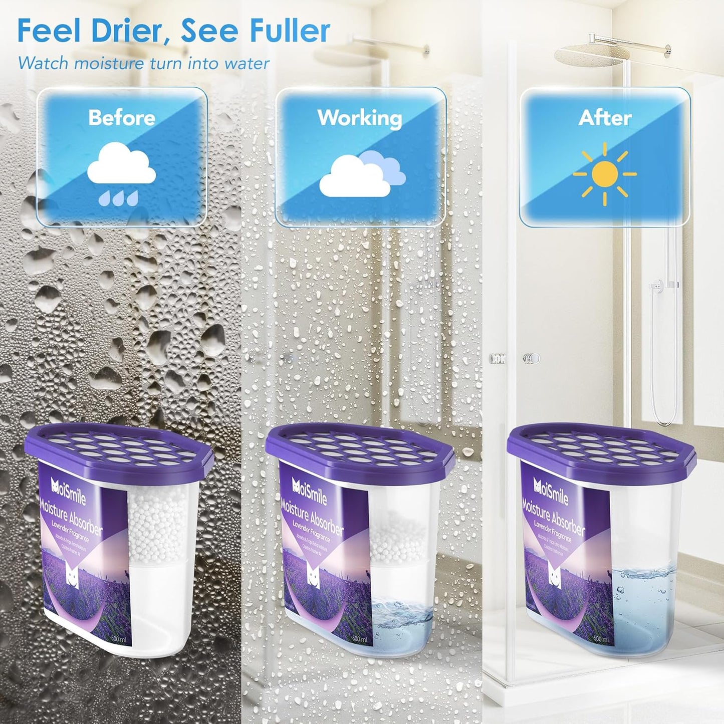 Moisture Absorbers 3 Pack, Lavender Fragrance Closet Dehumidifier for Bathroom, Car ＆ Basement, 10.5 oz Refillable Humidity Absorber Boxes