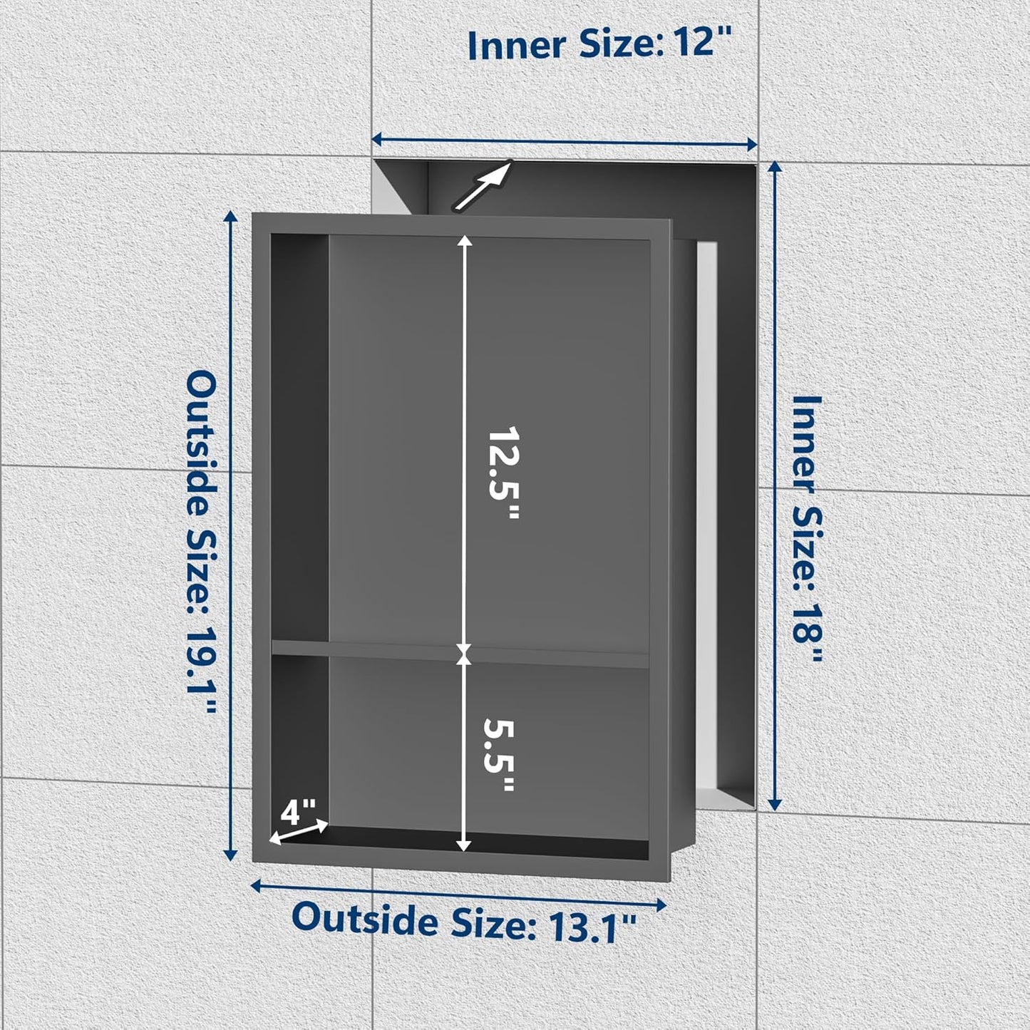 Stainless Steel Shower Niche 18" X 12", No Tile Needed Wall Niche Double Shelves, Recessed Niche Shower for Bathroom Storage, Gun Metal