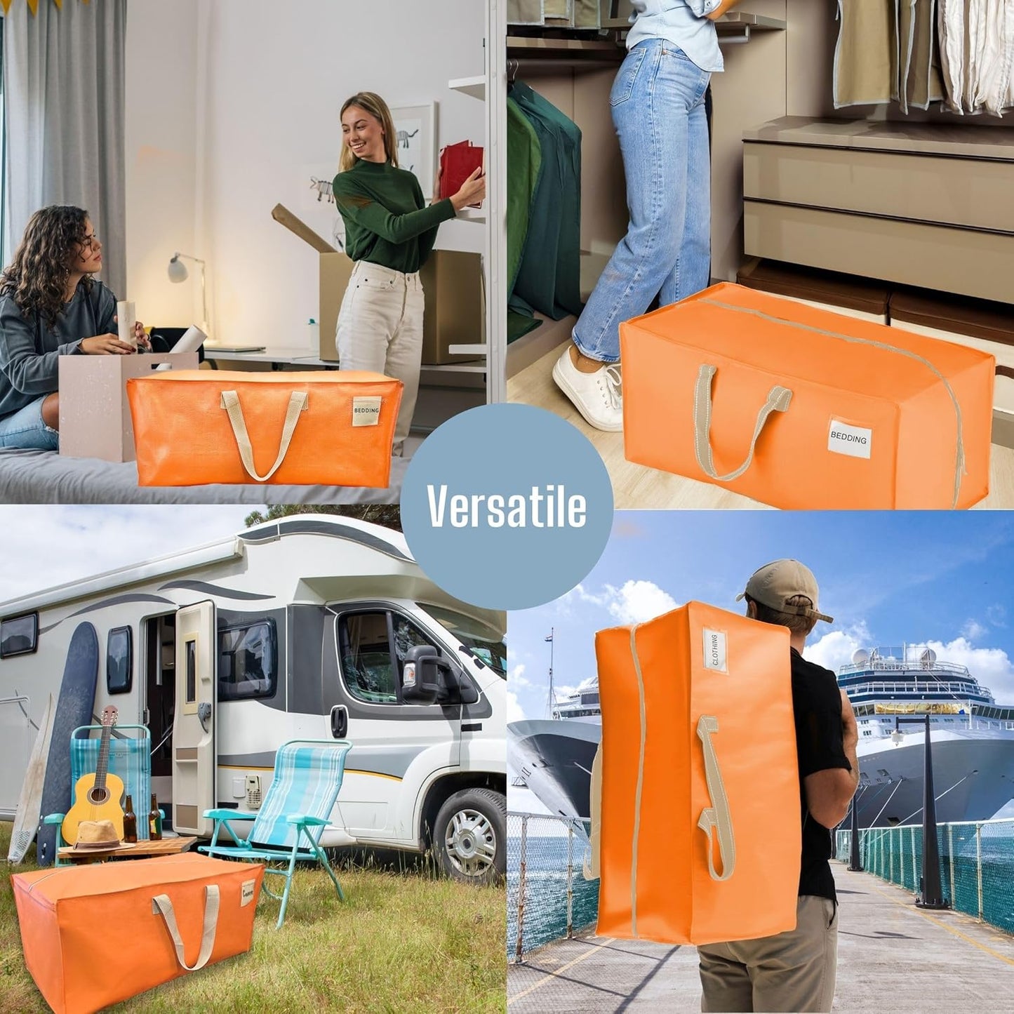VENO 6 Pack Moving Bags w/Backpack Straps, Heavy Duty, Moving Boxes Alternative, Packing Supplies, Large Storage Totes for Dorm Room Essentials with Zipper (Seasonal Autumn Orange, 6 Pack)